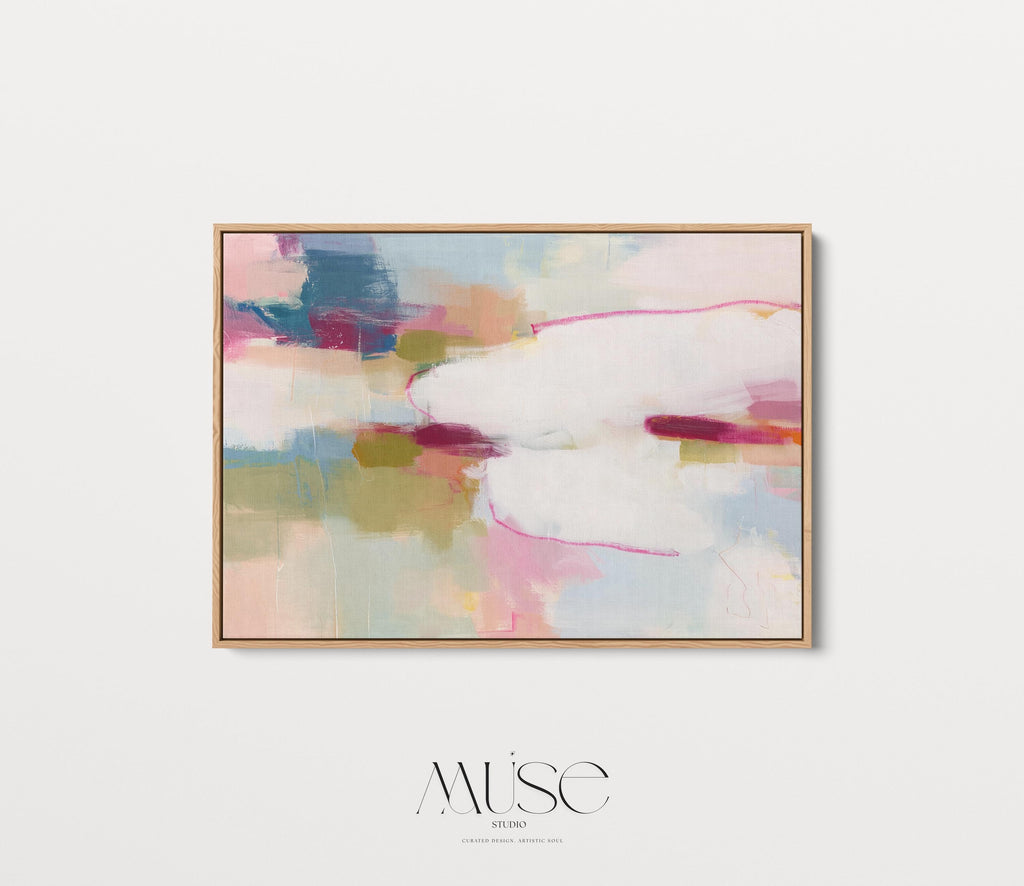 Horizontal abstract canvas wall art in pink, ivory, moss green, and coral tones. Gentle color blending and layered texture create a calm, balanced aesthetic ideal for soft contemporary interiors. Perfect above a sofa, bed, or in an office, this artwork adds warmth and refined style. Gallery-wrapped canvas wall art with a fine-textured surface, ready to hang for a clean, polished finish.