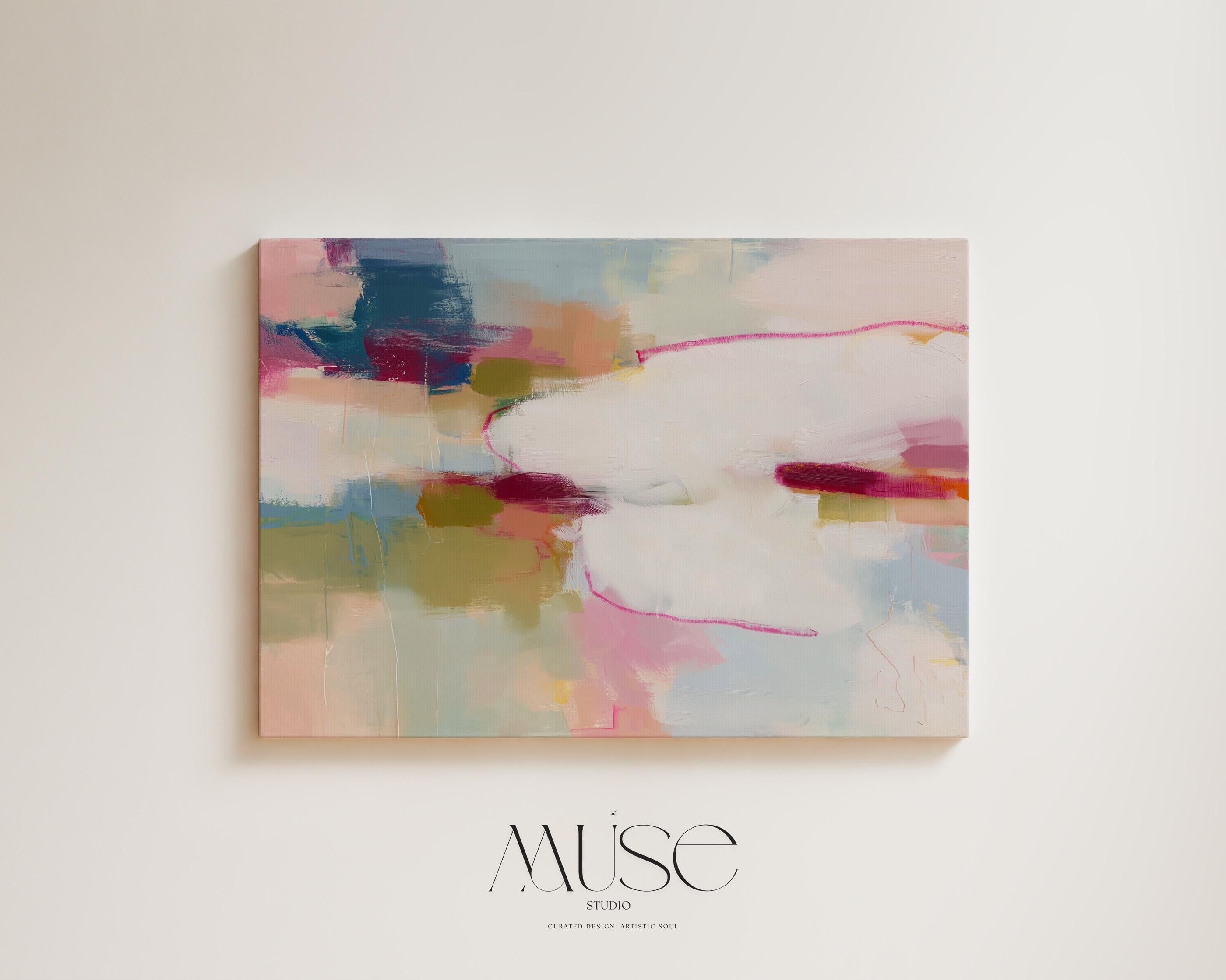 Large horizontal abstract canvas wall art featuring pink, ivory, moss green, and coral tones. Soft brushwork and layered texture create a refined, serene look perfect for soft contemporary interiors. Ideal for living rooms, bedrooms, or office spaces. Gallery-wrapped canvas wall art with a smooth, fine-textured finish, ready to hang for a polished, designer presentation.