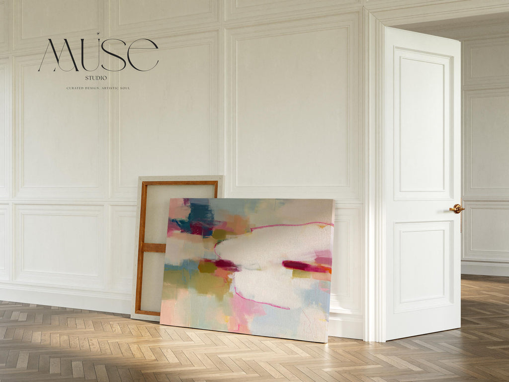 Large horizontal abstract canvas wall art featuring pink, ivory, moss green, and coral tones. Soft brushwork and layered texture create a refined, serene look perfect for soft contemporary interiors. Ideal for living rooms, bedrooms, or office spaces. Gallery-wrapped canvas wall art with a smooth, fine-textured finish, ready to hang for a polished, designer presentation.