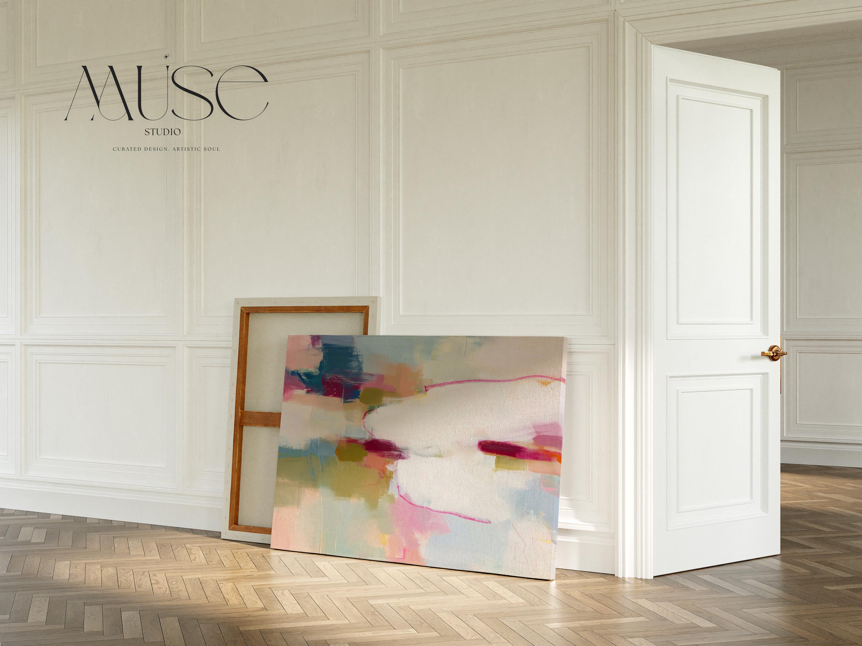 Large horizontal abstract canvas wall art featuring pink, ivory, moss green, and coral tones. Soft brushwork and layered texture create a refined, serene look perfect for soft contemporary interiors. Ideal for living rooms, bedrooms, or office spaces. Gallery-wrapped canvas wall art with a smooth, fine-textured finish, ready to hang for a polished, designer presentation.