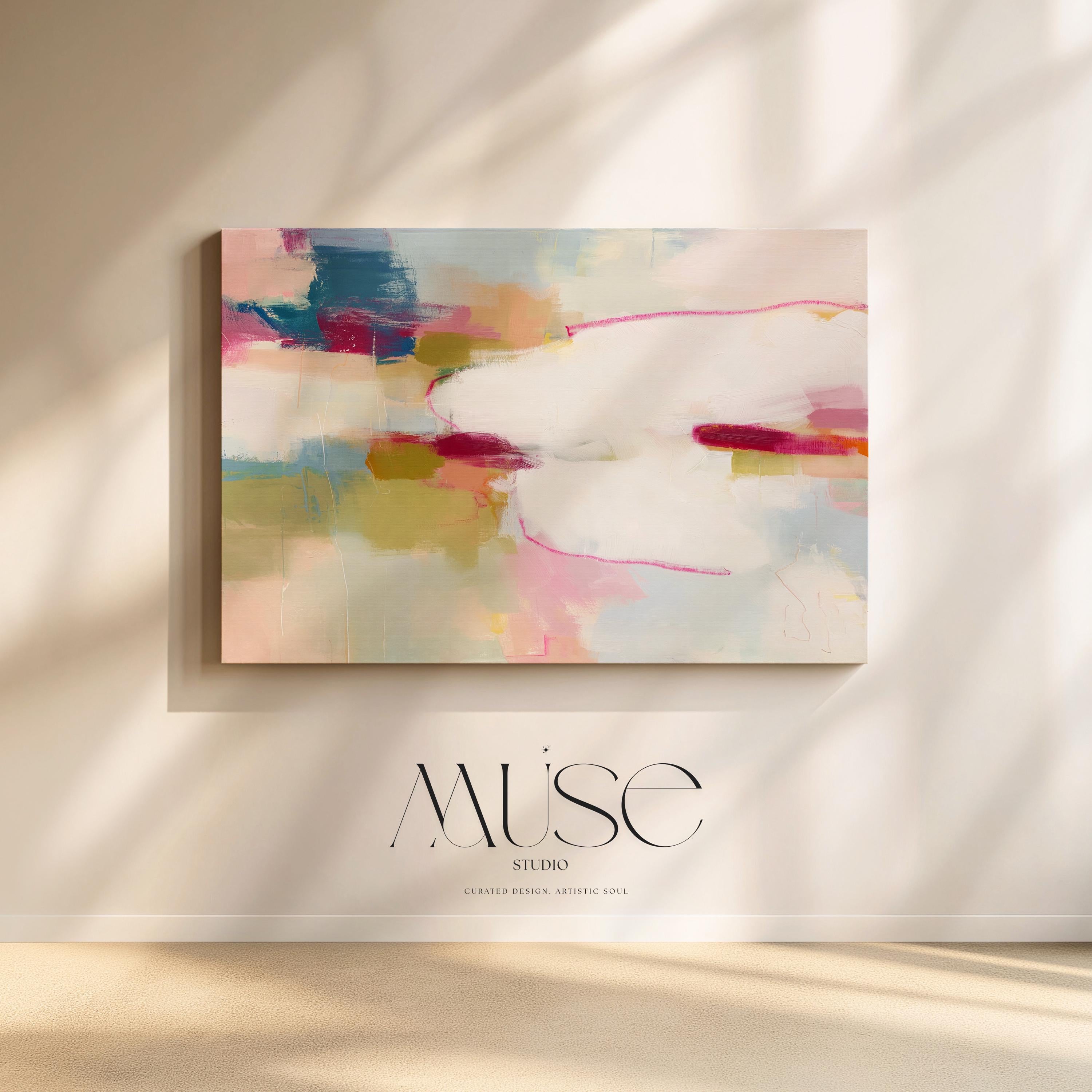 Large horizontal abstract canvas wall art featuring pink, ivory, moss green, and coral tones. Soft brushwork and layered texture create a refined, serene look perfect for soft contemporary interiors. Ideal for living rooms, bedrooms, or office spaces. Gallery-wrapped canvas wall art with a smooth, fine-textured finish, ready to hang for a polished, designer presentation.