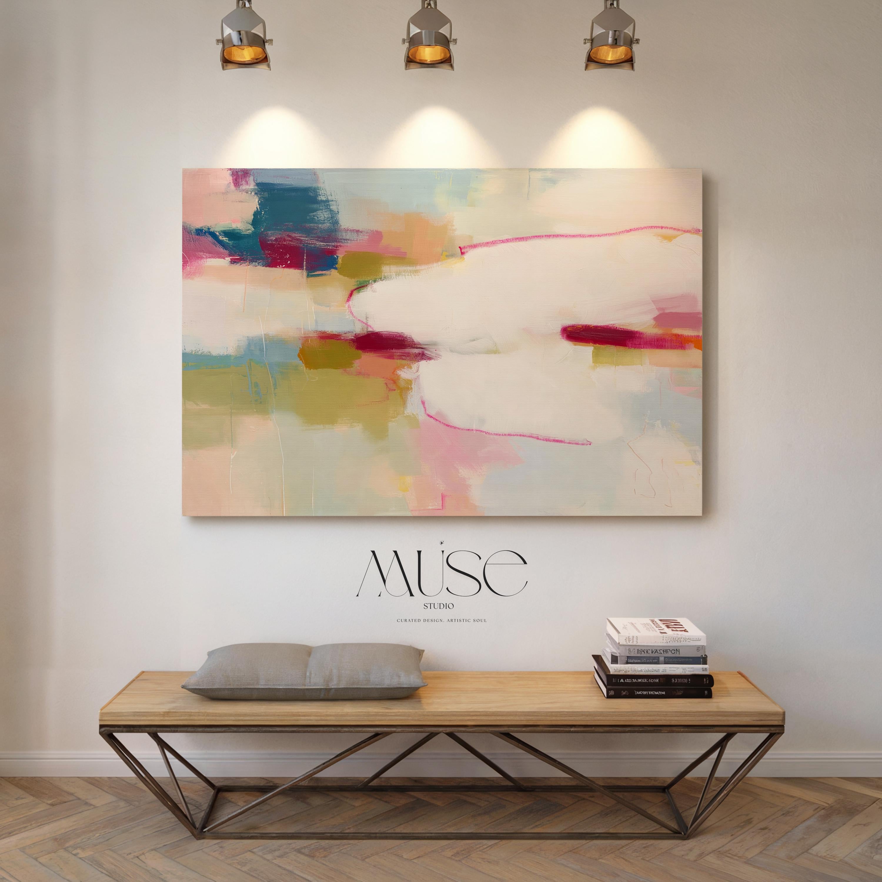 Large horizontal abstract canvas wall art featuring pink, ivory, moss green, and coral tones. Soft brushwork and layered texture create a refined, serene look perfect for soft contemporary interiors. Ideal for living rooms, bedrooms, or office spaces. Gallery-wrapped canvas wall art with a smooth, fine-textured finish, ready to hang for a polished, designer presentation.