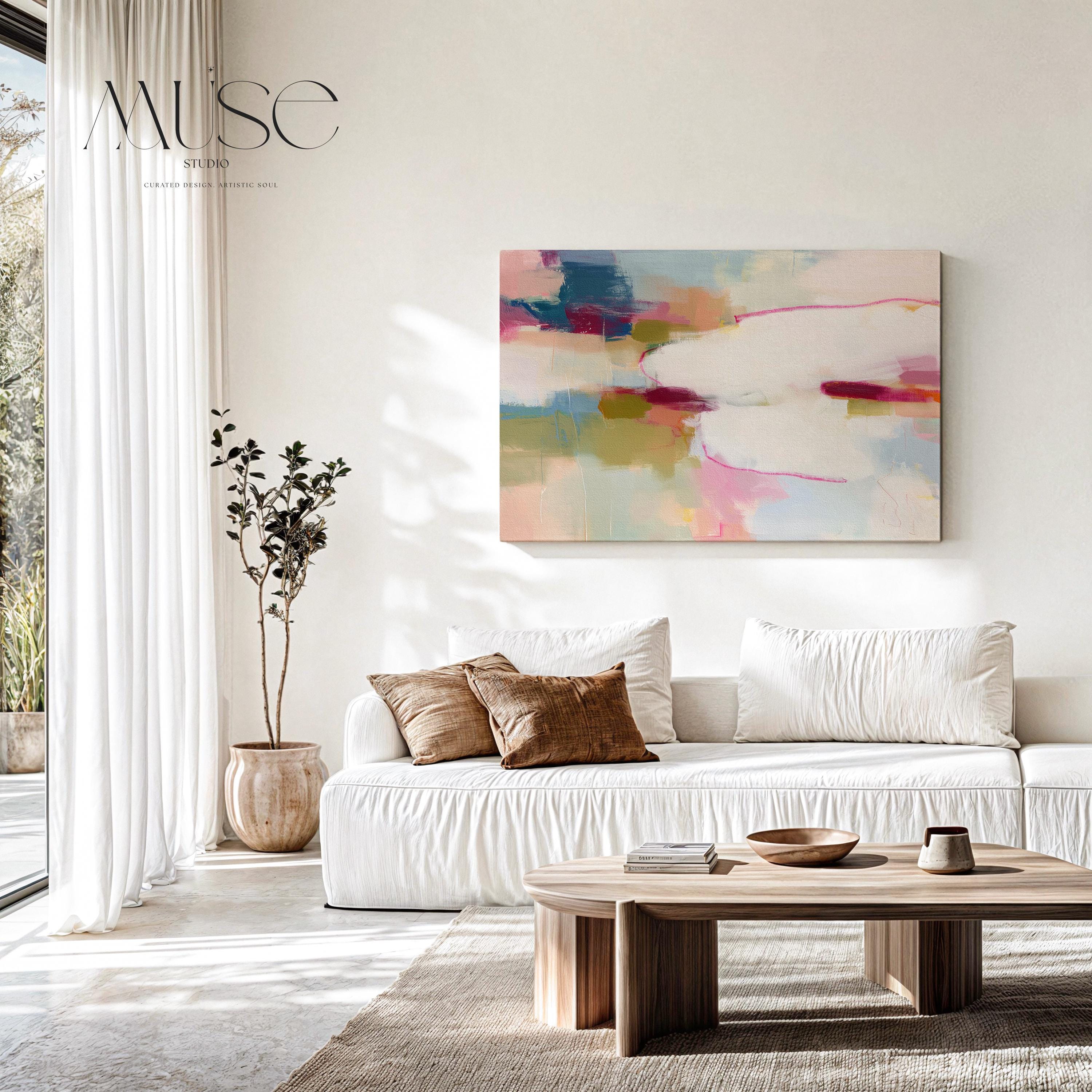 Large horizontal abstract canvas wall art featuring pink, ivory, moss green, and coral tones. Soft brushwork and layered texture create a refined, serene look perfect for soft contemporary interiors. Ideal for living rooms, bedrooms, or office spaces. Gallery-wrapped canvas wall art with a smooth, fine-textured finish, ready to hang for a polished, designer presentation.