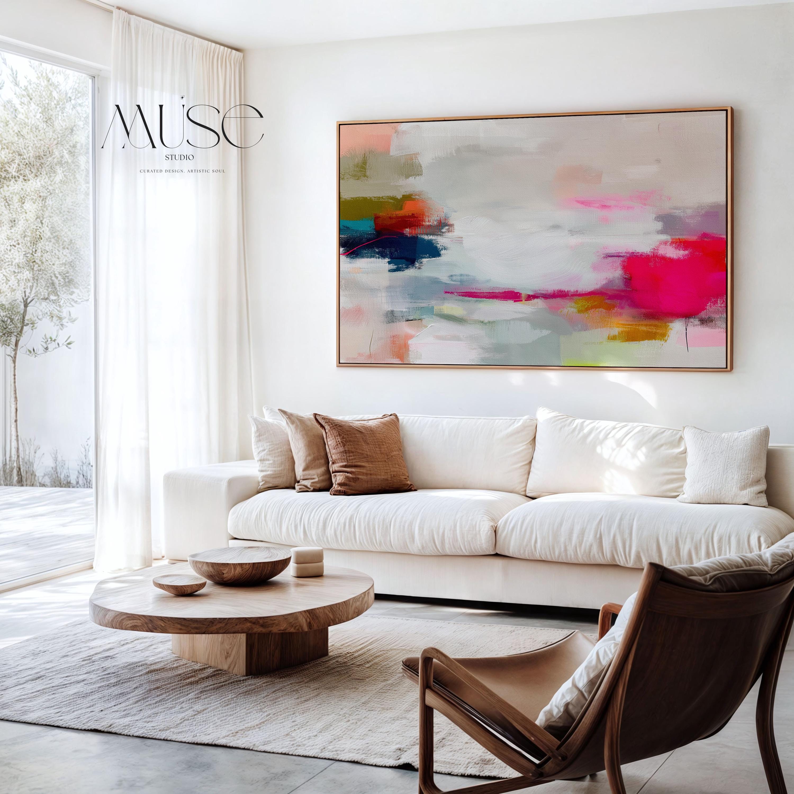 Horizontal abstract canvas wall art in vivid pink, coral, olive, and navy tones. Expressive brushwork creates depth and energy, ideal for Color Pop interiors. Perfect for living rooms, offices, or creative spaces needing warmth and vibrancy. Gallery-wrapped canvas wall art with a fine-textured surface, ready to hang and styled for a clean, modern look.