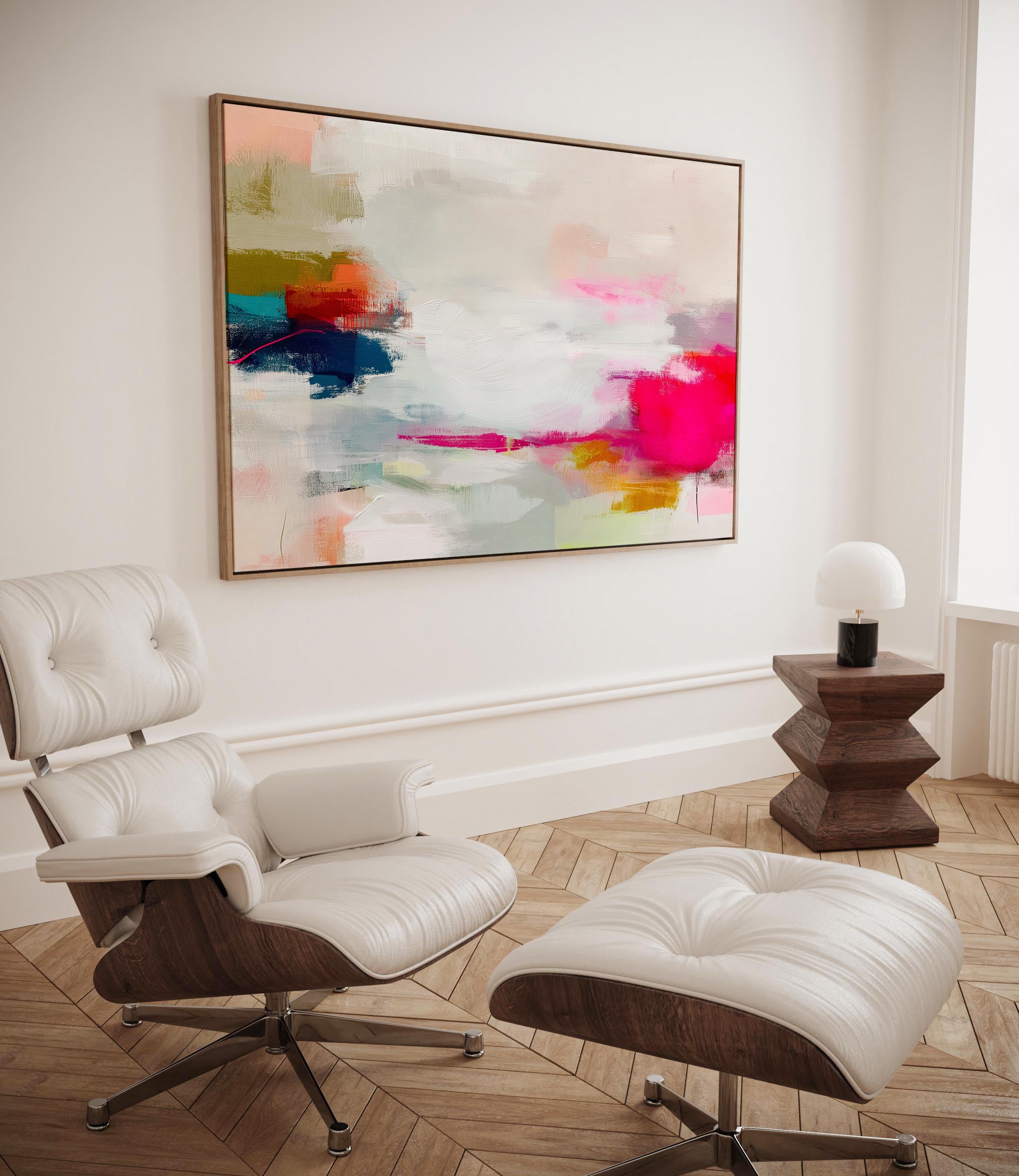 Horizontal abstract canvas wall art in vivid pink, coral, olive, and navy tones. Expressive brushwork creates depth and energy, ideal for Color Pop interiors. Perfect for living rooms, offices, or creative spaces needing warmth and vibrancy. Gallery-wrapped canvas wall art with a fine-textured surface, ready to hang and styled for a clean, modern look.