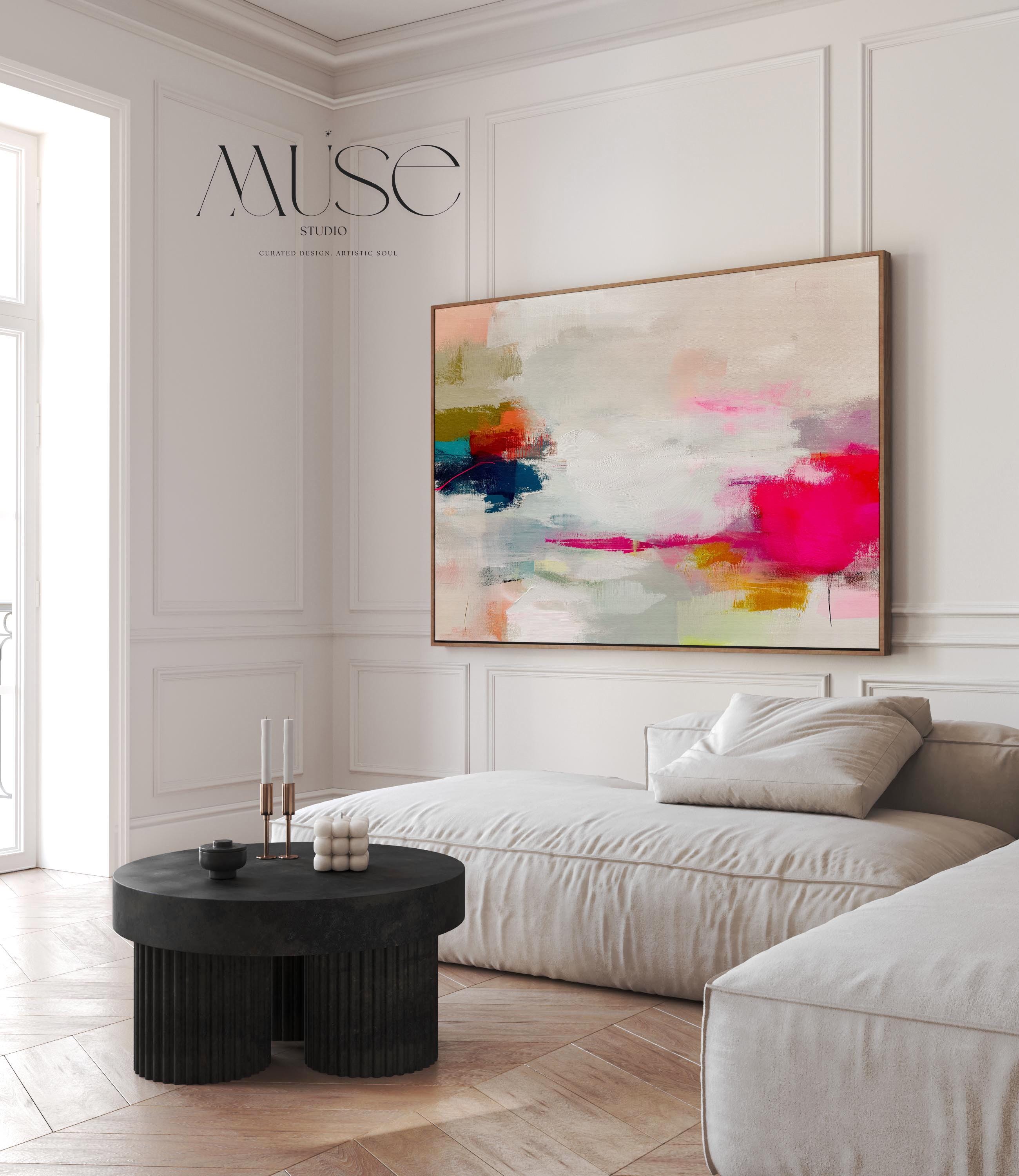 Horizontal abstract canvas wall art in vivid pink, coral, olive, and navy tones. Expressive brushwork creates depth and energy, ideal for Color Pop interiors. Perfect for living rooms, offices, or creative spaces needing warmth and vibrancy. Gallery-wrapped canvas wall art with a fine-textured surface, ready to hang and styled for a clean, modern look.