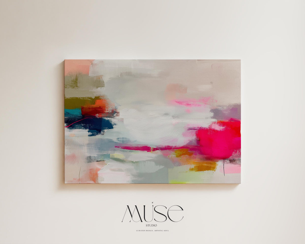 Horizontal abstract canvas wall art in vivid pink, coral, olive, and navy tones. Expressive brushwork creates movement and warmth, ideal for Color Pop interiors. Perfect for living rooms, offices, or creative studios. Gallery-wrapped canvas wall art with a smooth, fine-textured surface, ready to hang for a refined designer presentation.