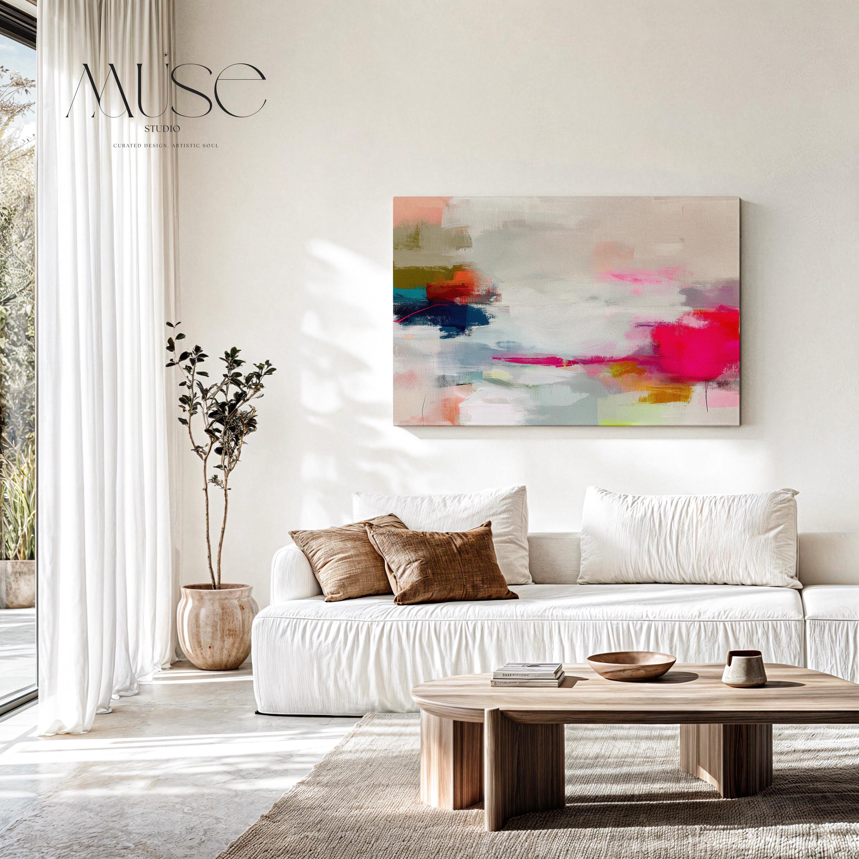 Horizontal abstract canvas wall art in vivid pink, coral, olive, and navy tones. Expressive brushwork creates movement and warmth, ideal for Color Pop interiors. Perfect for living rooms, offices, or creative studios. Gallery-wrapped canvas wall art with a smooth, fine-textured surface, ready to hang for a refined designer presentation.