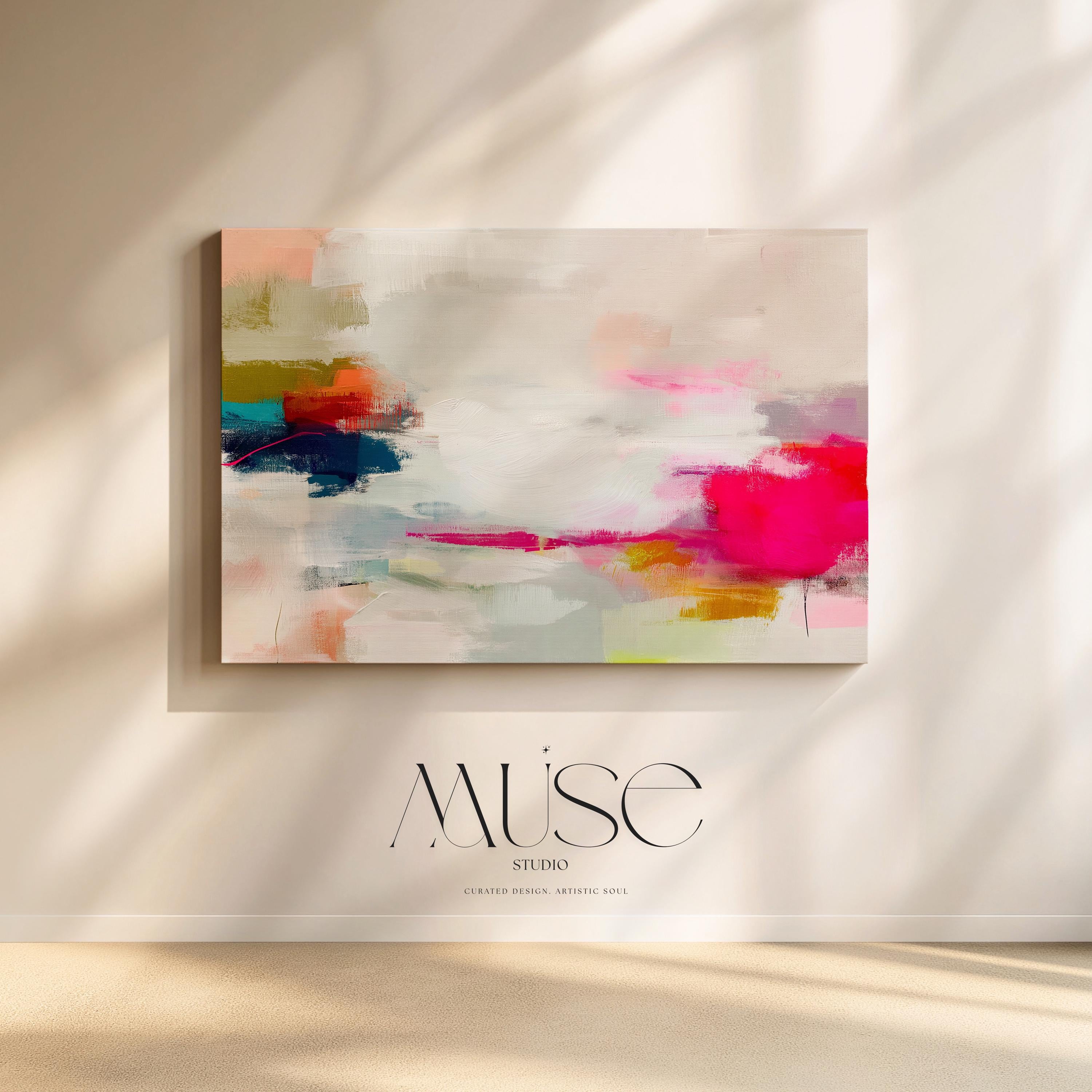 Horizontal abstract canvas wall art in vivid pink, coral, olive, and navy tones. Expressive brushwork creates movement and warmth, ideal for Color Pop interiors. Perfect for living rooms, offices, or creative studios. Gallery-wrapped canvas wall art with a smooth, fine-textured surface, ready to hang for a refined designer presentation.
