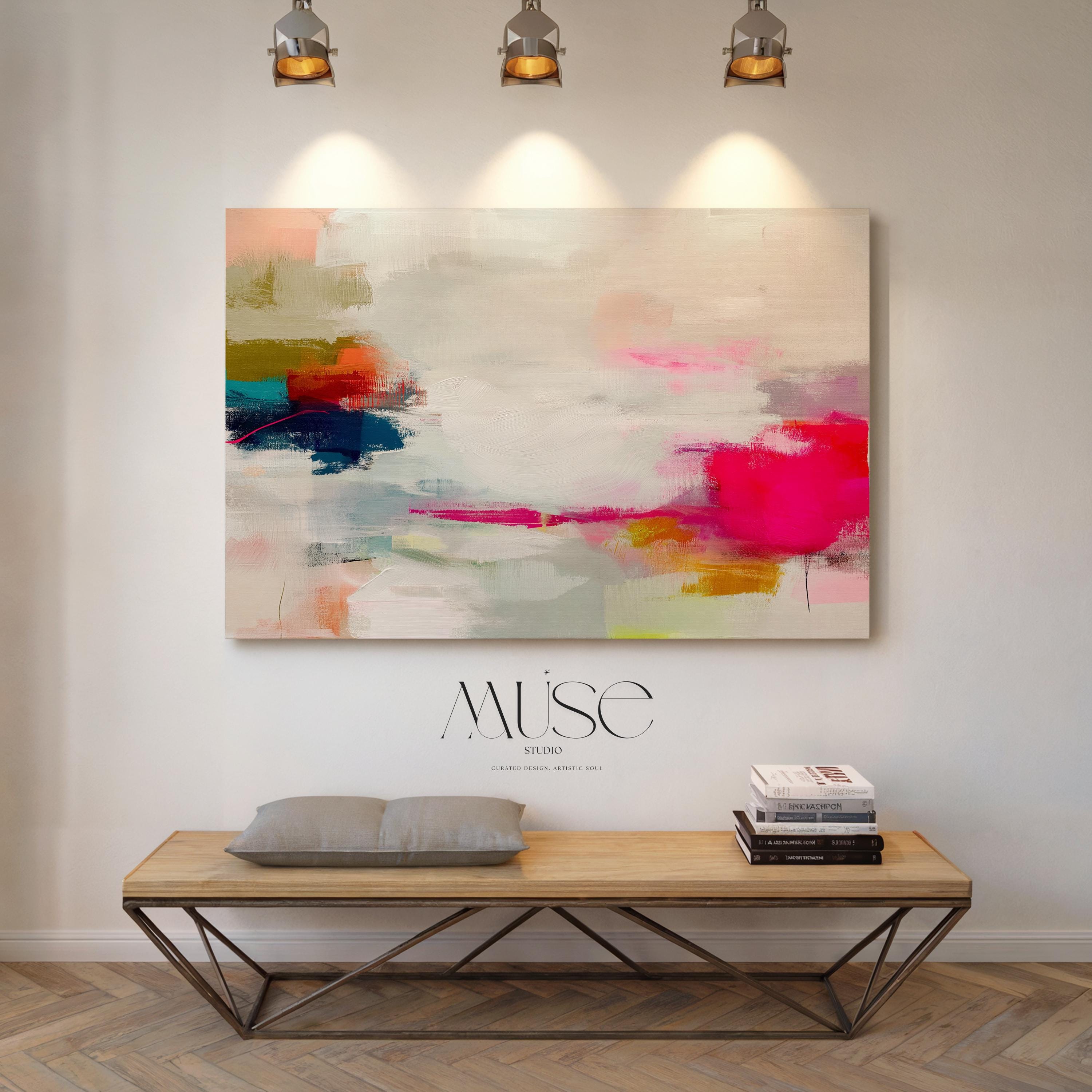 Horizontal abstract canvas wall art in vivid pink, coral, olive, and navy tones. Expressive brushwork creates movement and warmth, ideal for Color Pop interiors. Perfect for living rooms, offices, or creative studios. Gallery-wrapped canvas wall art with a smooth, fine-textured surface, ready to hang for a refined designer presentation.