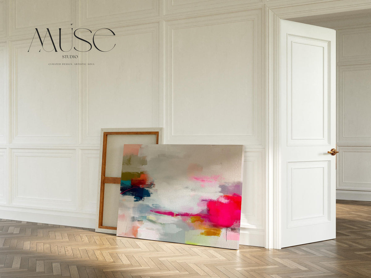 Horizontal abstract canvas wall art in vivid pink, coral, olive, and navy tones. Expressive brushwork creates movement and warmth, ideal for Color Pop interiors. Perfect for living rooms, offices, or creative studios. Gallery-wrapped canvas wall art with a smooth, fine-textured surface, ready to hang for a refined designer presentation.