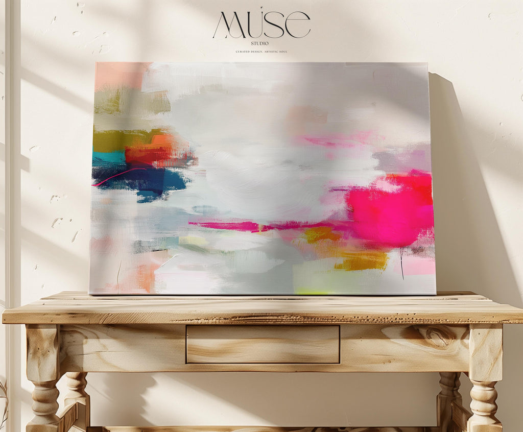 Horizontal abstract canvas wall art in vivid pink, coral, olive, and navy tones. Expressive brushwork creates movement and warmth, ideal for Color Pop interiors. Perfect for living rooms, offices, or creative studios. Gallery-wrapped canvas wall art with a smooth, fine-textured surface, ready to hang for a refined designer presentation.