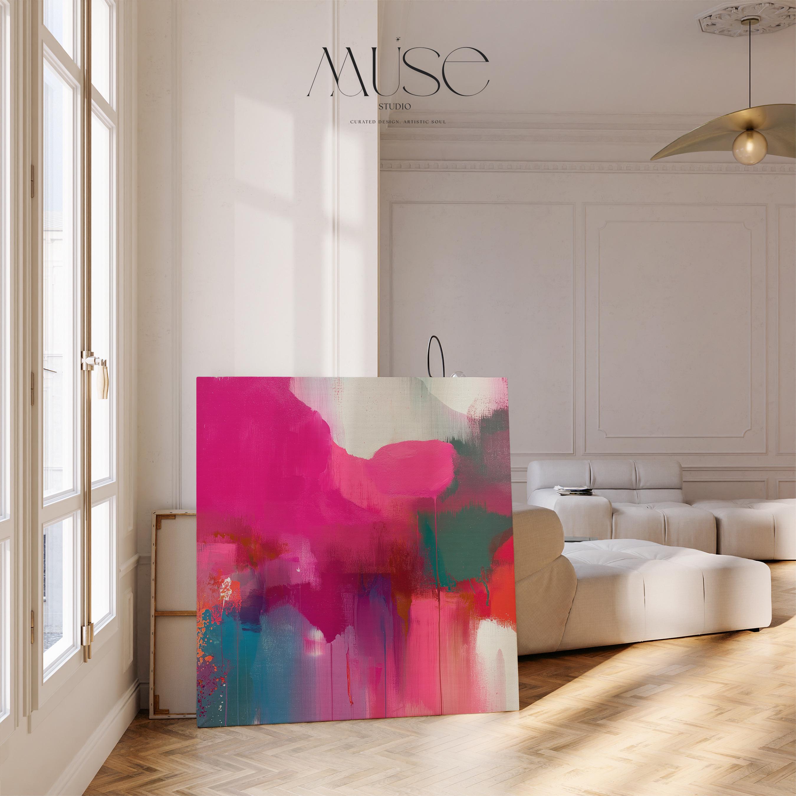 Square abstract wall art in vivid blue and pink tones with a color pop minimalist style, perfect for modern living rooms or bedrooms. Available as framed canvas or gallery-wrapped canvas by Muse Studio.