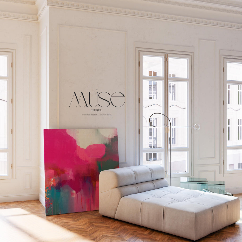 Square abstract wall art in vivid blue and pink tones with a color pop minimalist style, perfect for modern living rooms or bedrooms. Available as framed canvas or gallery-wrapped canvas by Muse Studio.