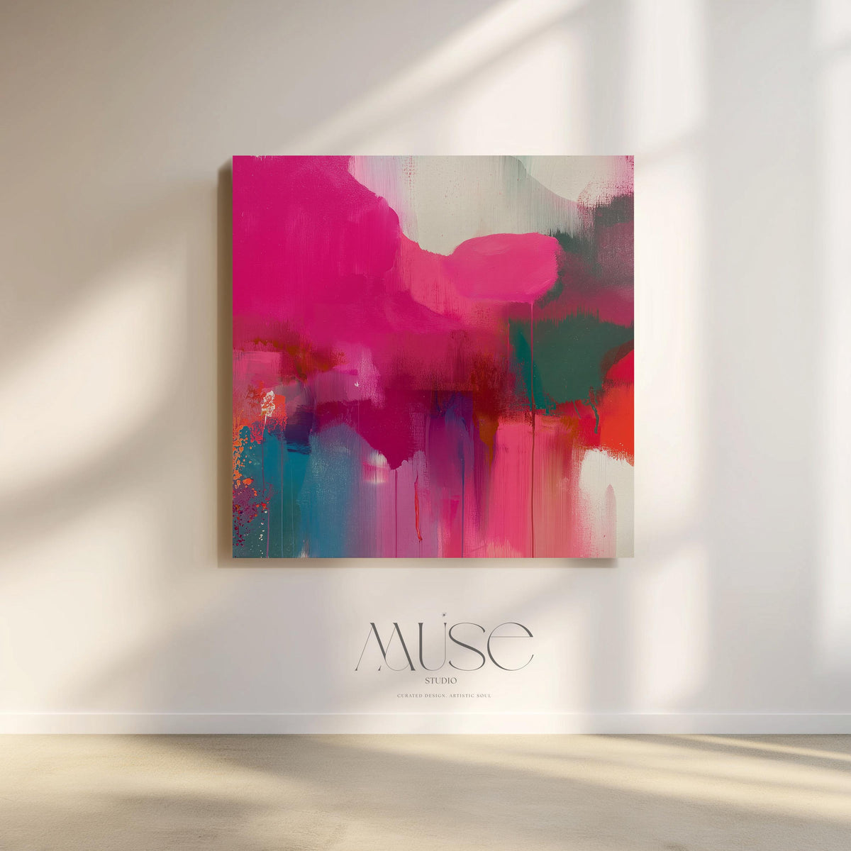 Square abstract wall art in vivid blue and pink tones with a color pop minimalist style, perfect for modern living rooms or bedrooms. Available as framed canvas or gallery-wrapped canvas by Muse Studio.