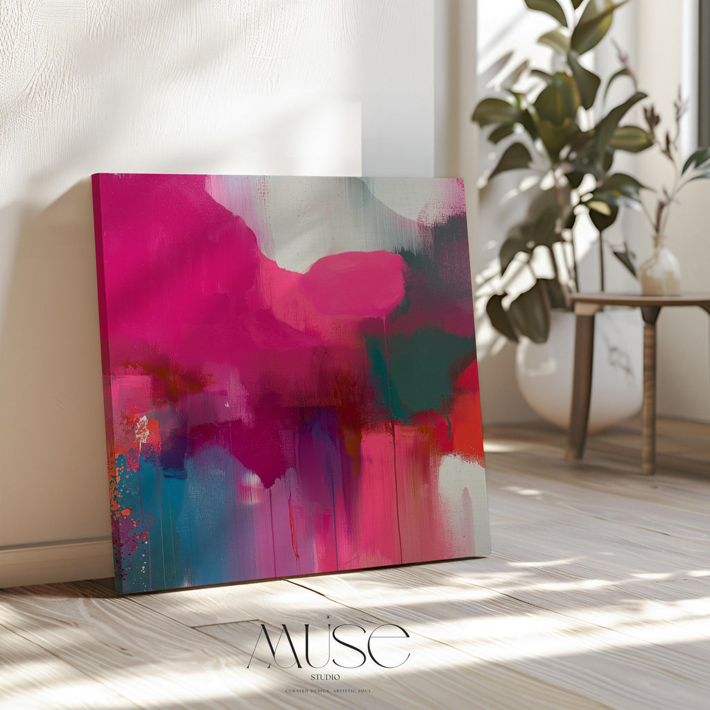 Square abstract wall art in vivid blue and pink tones with a color pop minimalist style, perfect for modern living rooms or bedrooms. Available as framed canvas or gallery-wrapped canvas by Muse Studio.