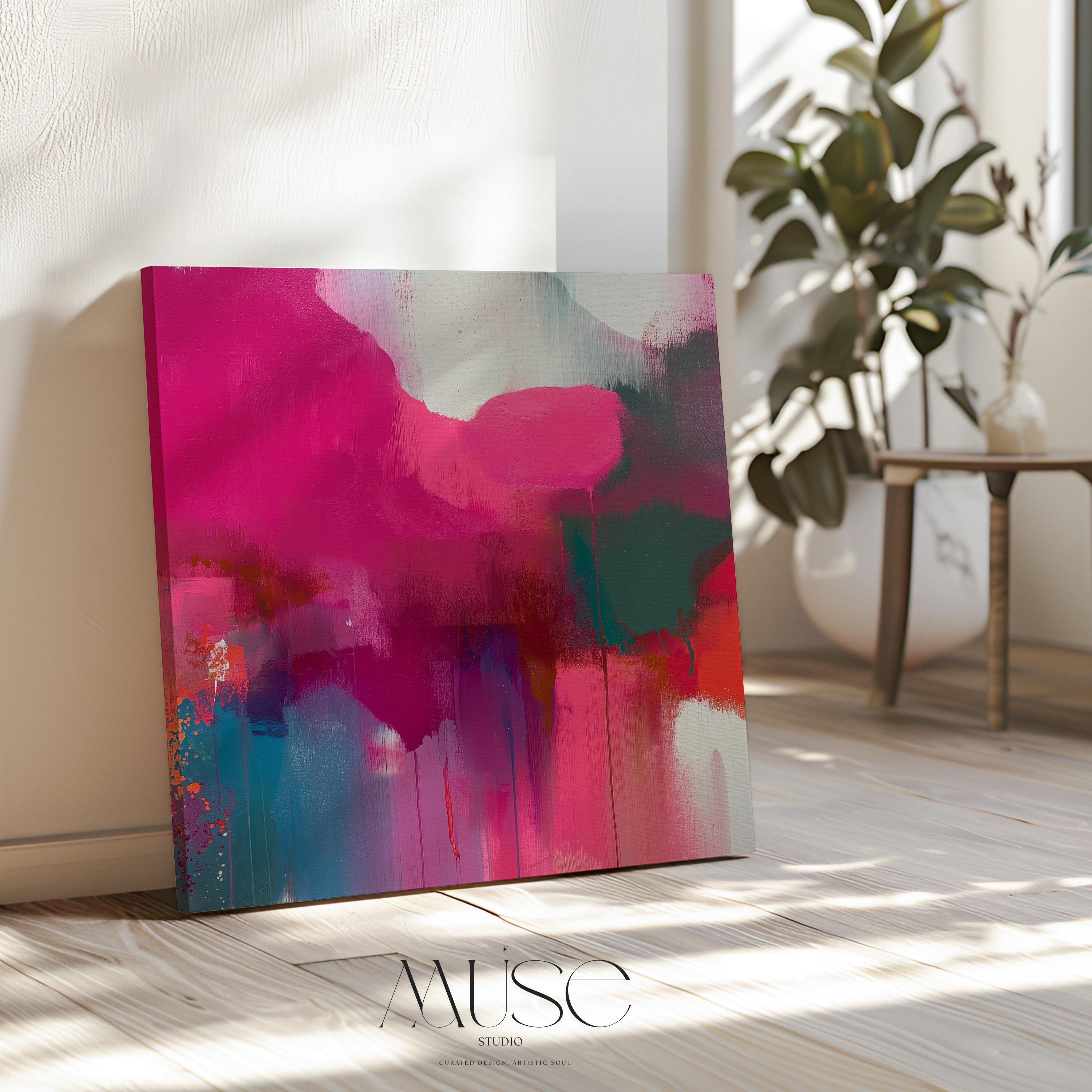 Square abstract wall art in vivid blue and pink tones with a color pop minimalist style, perfect for modern living rooms or bedrooms. Available as framed canvas or gallery-wrapped canvas by Muse Studio.