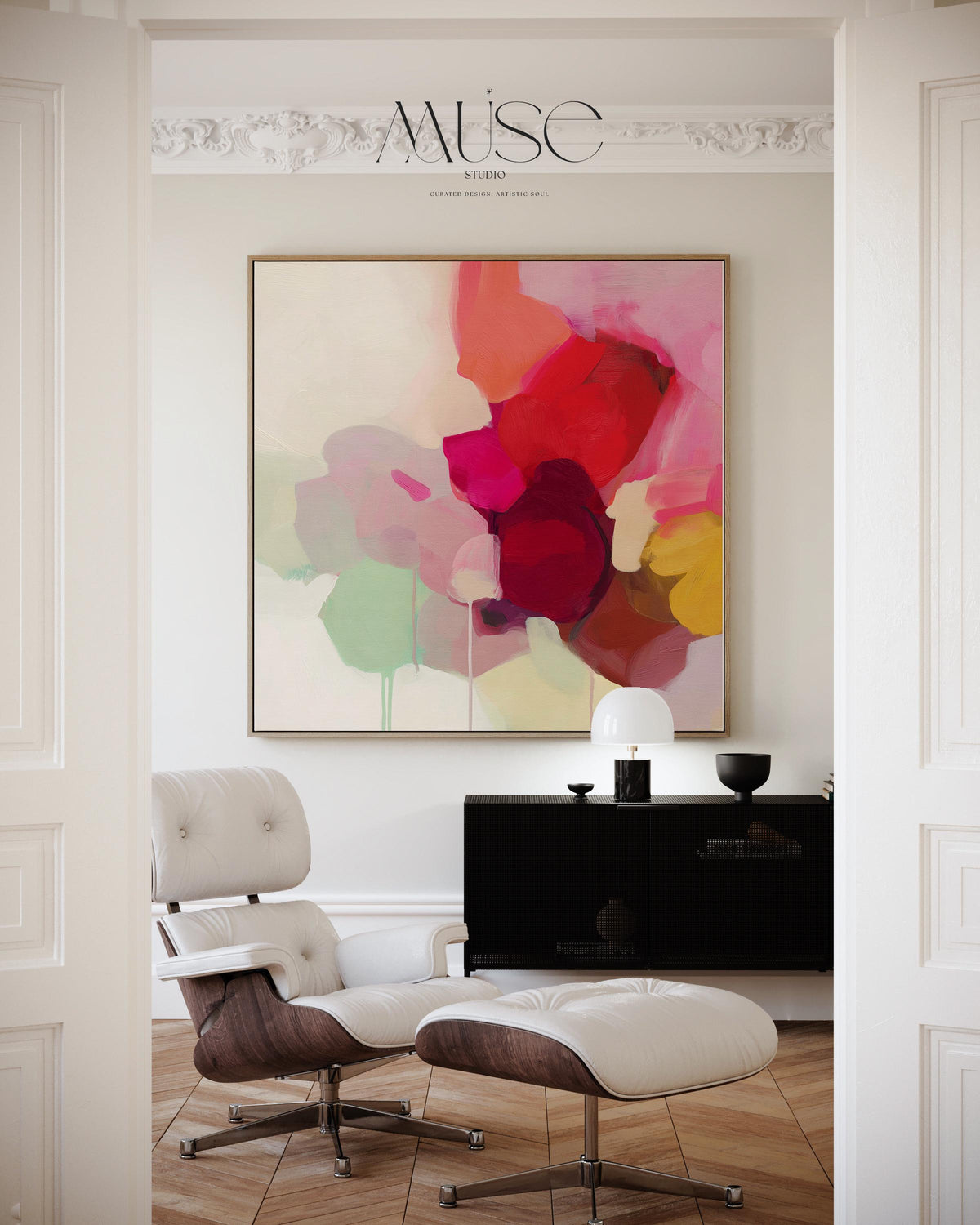 Large square abstract wall art in vivid red, pink, plum, and green hues with layered brushwork and soft tonal transitions. Designed for Color Pop interiors, this vibrant canvas creates a statement centerpiece in living rooms or modern spaces. Gallery-wrapped canvas wall art with fine texture and a clean, frameless presentation, ready to hang and elevate any room with bright, joyful color.