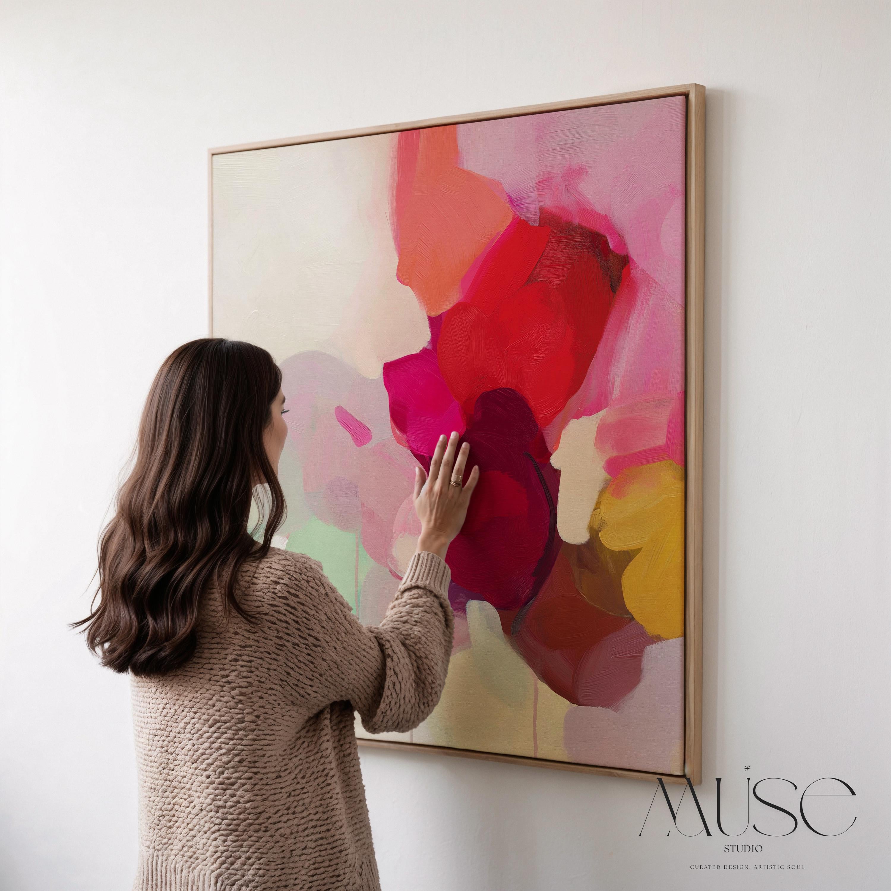 Large square abstract wall art in vivid red, pink, plum, and green hues with layered brushwork and soft tonal transitions. Designed for Color Pop interiors, this vibrant canvas creates a statement centerpiece in living rooms or modern spaces. Gallery-wrapped canvas wall art with fine texture and a clean, frameless presentation, ready to hang and elevate any room with bright, joyful color.