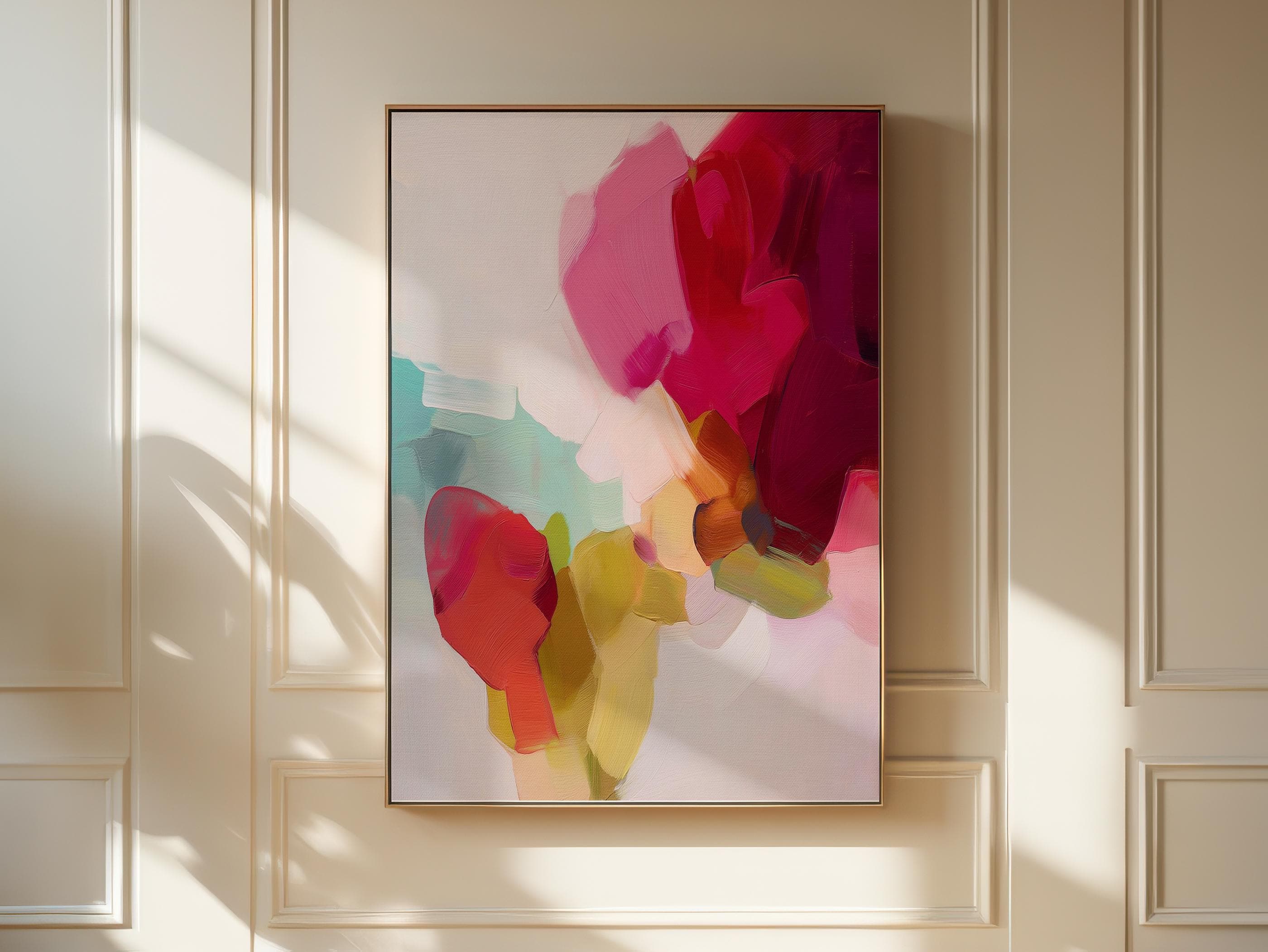 Vertical abstract canvas wall art in red, coral, ochre, and mint hues. Expressive brushstrokes and luminous layers create bold visual movement, ideal for Color Pop or designer interiors. Perfect for bedrooms, living rooms, or studio spaces needing warmth and vibrancy. Gallery-wrapped canvas wall art with fine-textured surface, ready to hang and styled for a refined, modern aesthetic.