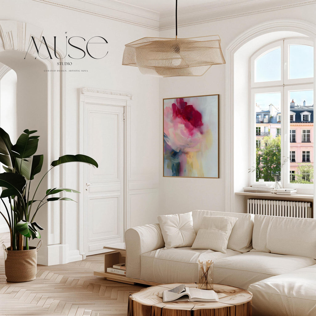 Vertical abstract wall art in soft pink, rose, and misty blue tones, blending painterly layers with an airy, luminous finish. Ideal for bedrooms or entryways, this soft contemporary design adds tranquility and subtle color. Floater framed in FSC-certified wood with a natural finish, printed on archival cotton-blend canvas for premium wall decor.
