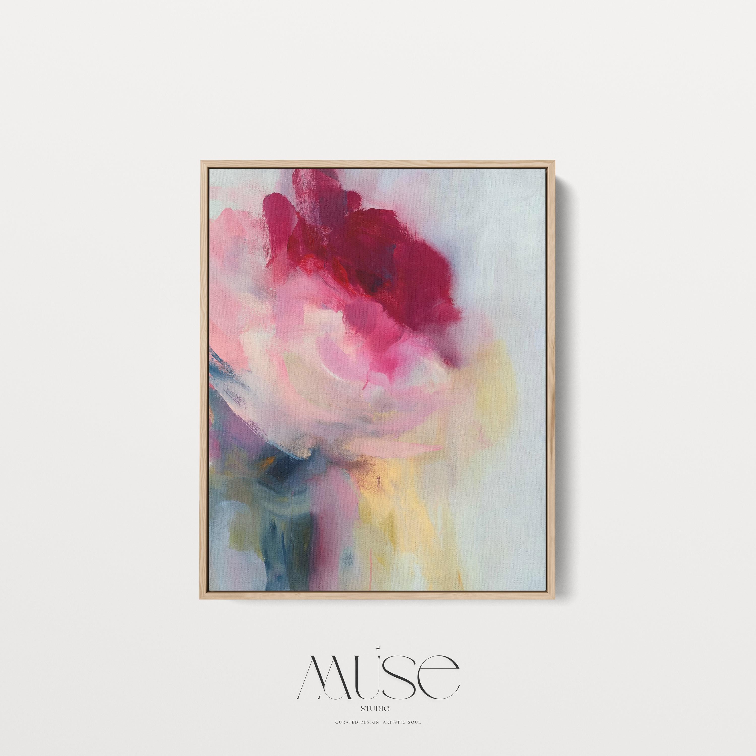 Vertical abstract wall art in soft pink, rose, and misty blue tones, blending painterly layers with an airy, luminous finish. Ideal for bedrooms or entryways, this soft contemporary design adds tranquility and subtle color. Floater framed in FSC-certified wood with a natural finish, printed on archival cotton-blend canvas for premium wall decor.