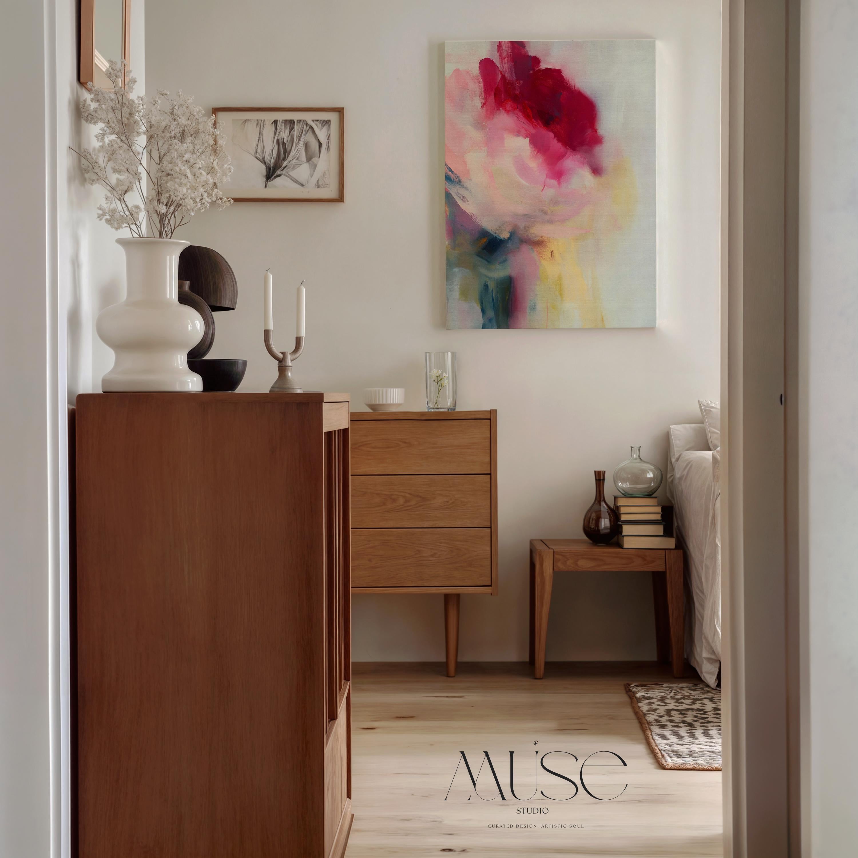 Vertical abstract wall art featuring bold red, rose, and soft blush tones with painterly transitions of light and motion. Perfect for Soft Contemporary interiors, this romantic yet modern design complements bedrooms, entryways, and curated living spaces. Printed on archival cotton-blend canvas and hand-stretched over solid wood bars for a refined gallery finish.