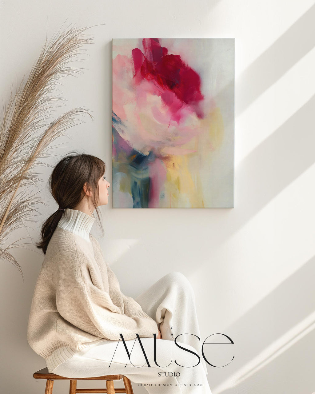 Vertical abstract wall art featuring bold red, rose, and soft blush tones with painterly transitions of light and motion. Perfect for Soft Contemporary interiors, this romantic yet modern design complements bedrooms, entryways, and curated living spaces. Printed on archival cotton-blend canvas and hand-stretched over solid wood bars for a refined gallery finish.