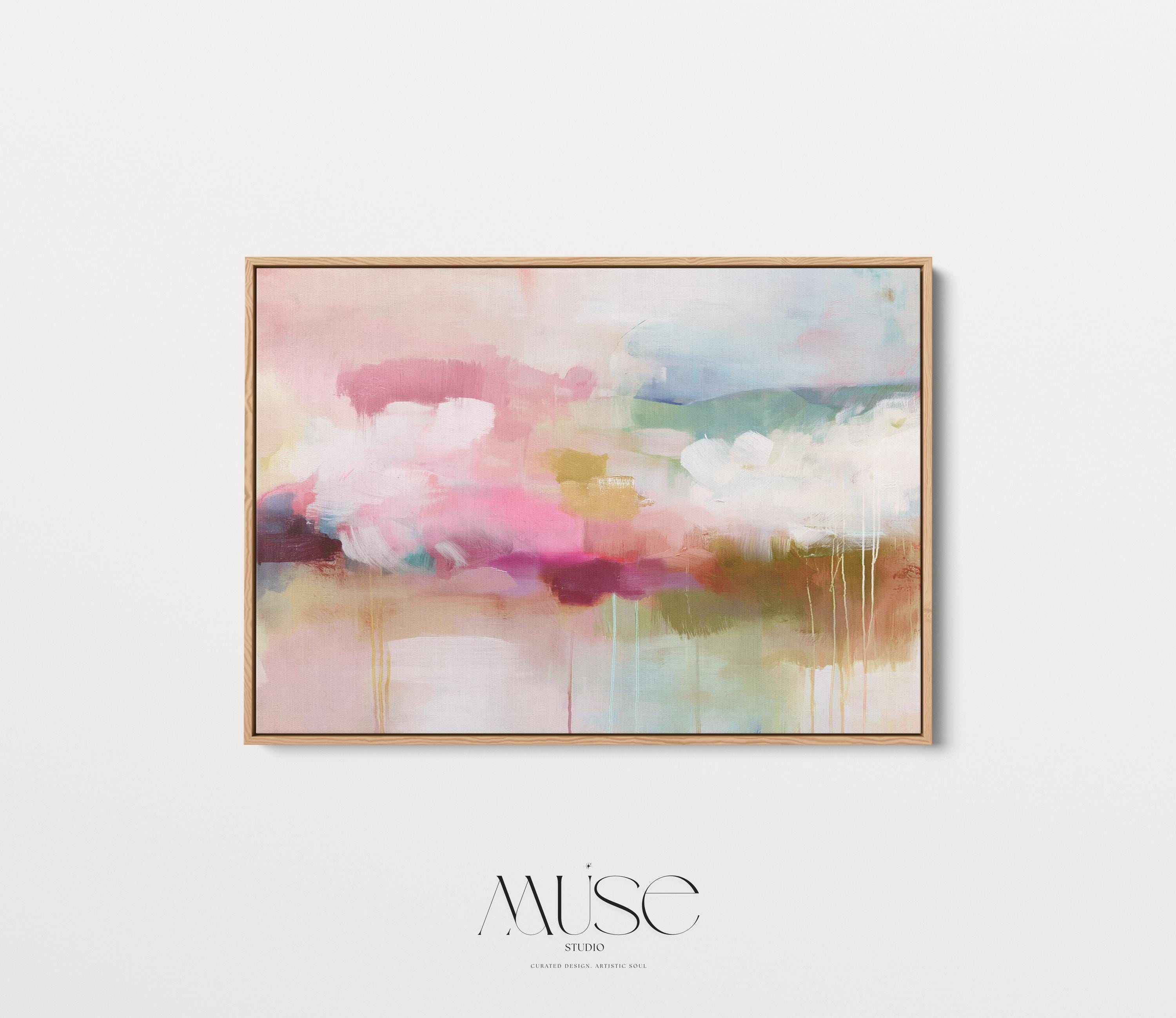 Horizontal framed abstract wall art blending blush pink, sage green, and golden umber with soft painterly drips. A warm minimalist design that evokes natural horizons and organic calm, ideal for living rooms, dining spaces, or design studios. Floater framed in FSC-certified wood with archival cotton-blend canvas for a gallery-quality presentation.
