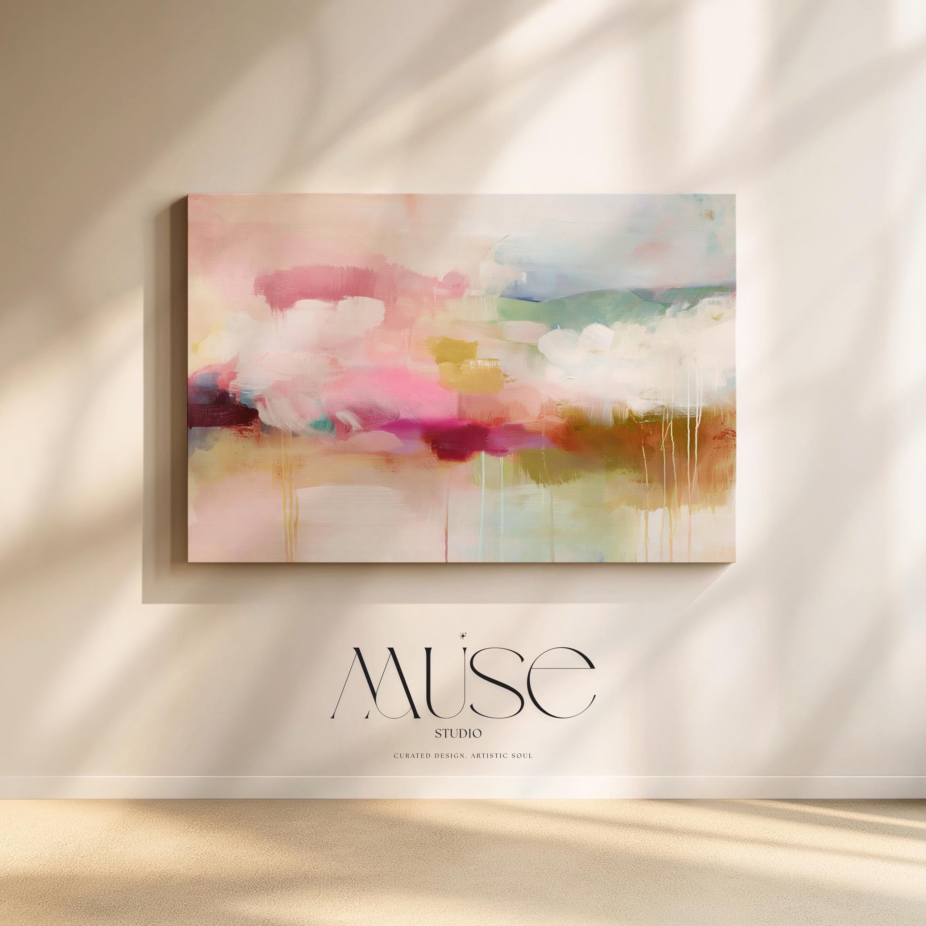 Horizontal abstract wall art featuring soft pink, sage green, and warm beige tones with painterly drips and horizon-inspired layers. Ideal for warm minimalist or nature-inspired interiors, this large canvas artwork adds tranquility and refined depth to living rooms, offices, or bedrooms. Printed on archival cotton-blend canvas and hand-stretched for a gallery-quality finish.