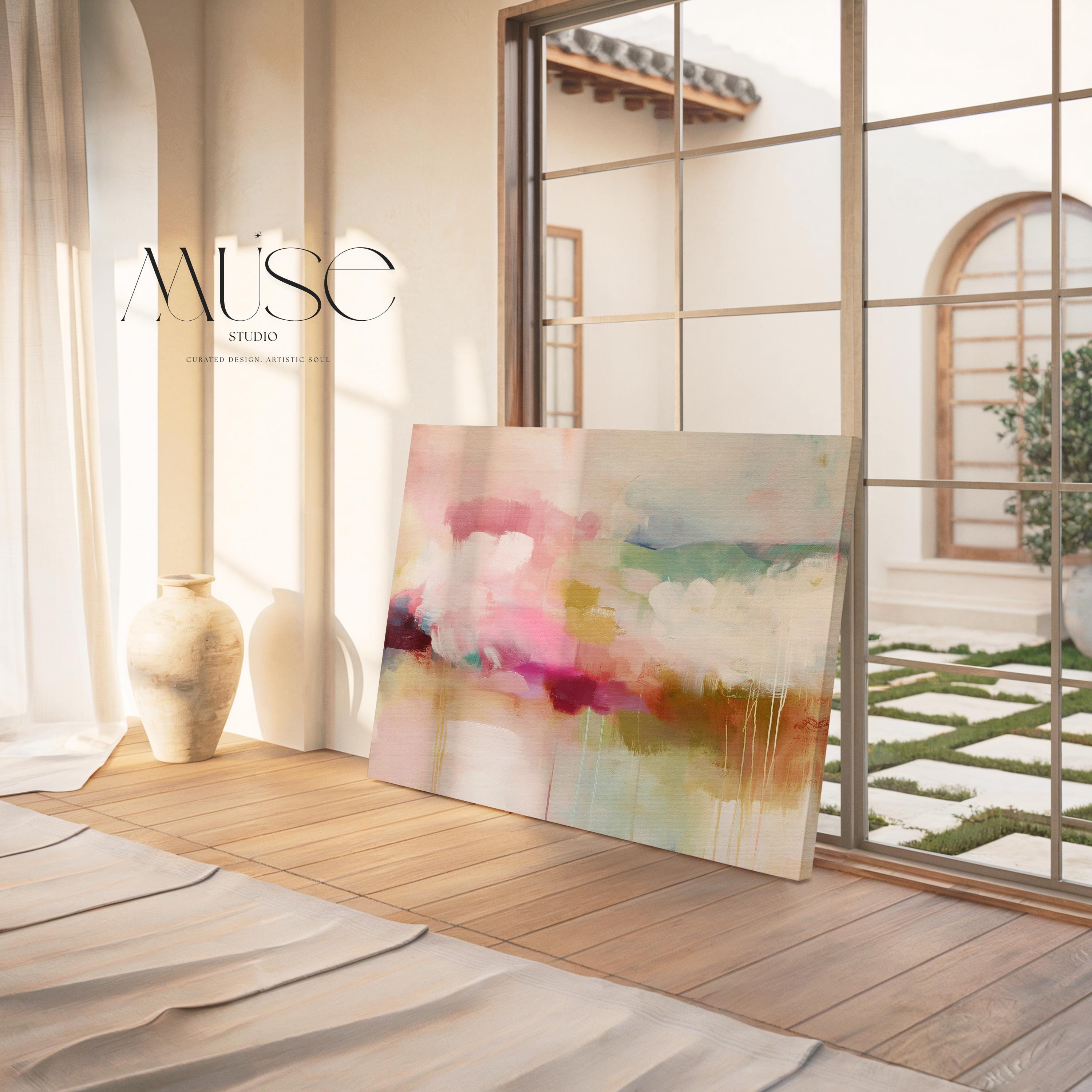 Horizontal abstract wall art featuring soft pink, sage green, and warm beige tones with painterly drips and horizon-inspired layers. Ideal for warm minimalist or nature-inspired interiors, this large canvas artwork adds tranquility and refined depth to living rooms, offices, or bedrooms. Printed on archival cotton-blend canvas and hand-stretched for a gallery-quality finish.