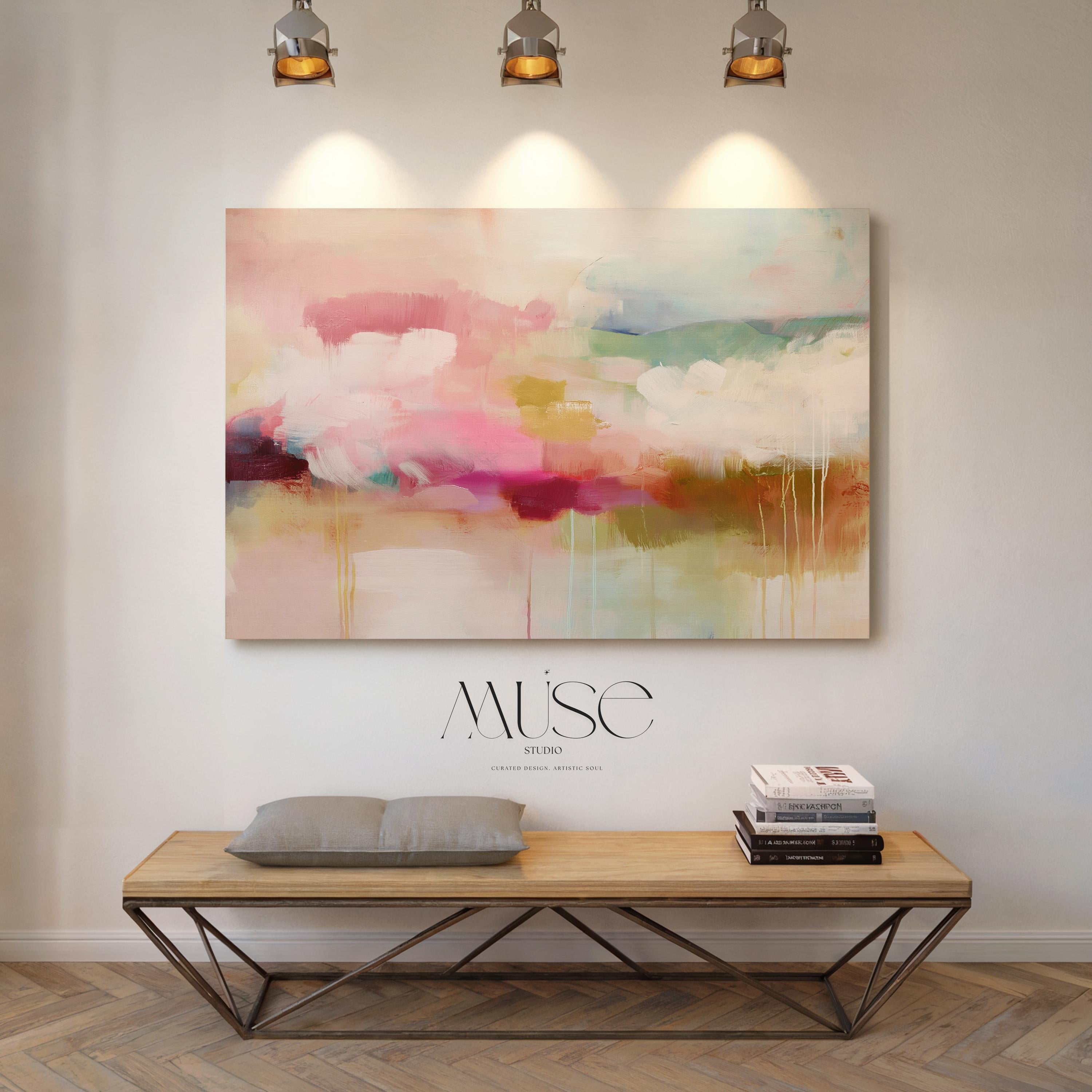 Horizontal abstract wall art featuring soft pink, sage green, and warm beige tones with painterly drips and horizon-inspired layers. Ideal for warm minimalist or nature-inspired interiors, this large canvas artwork adds tranquility and refined depth to living rooms, offices, or bedrooms. Printed on archival cotton-blend canvas and hand-stretched for a gallery-quality finish.