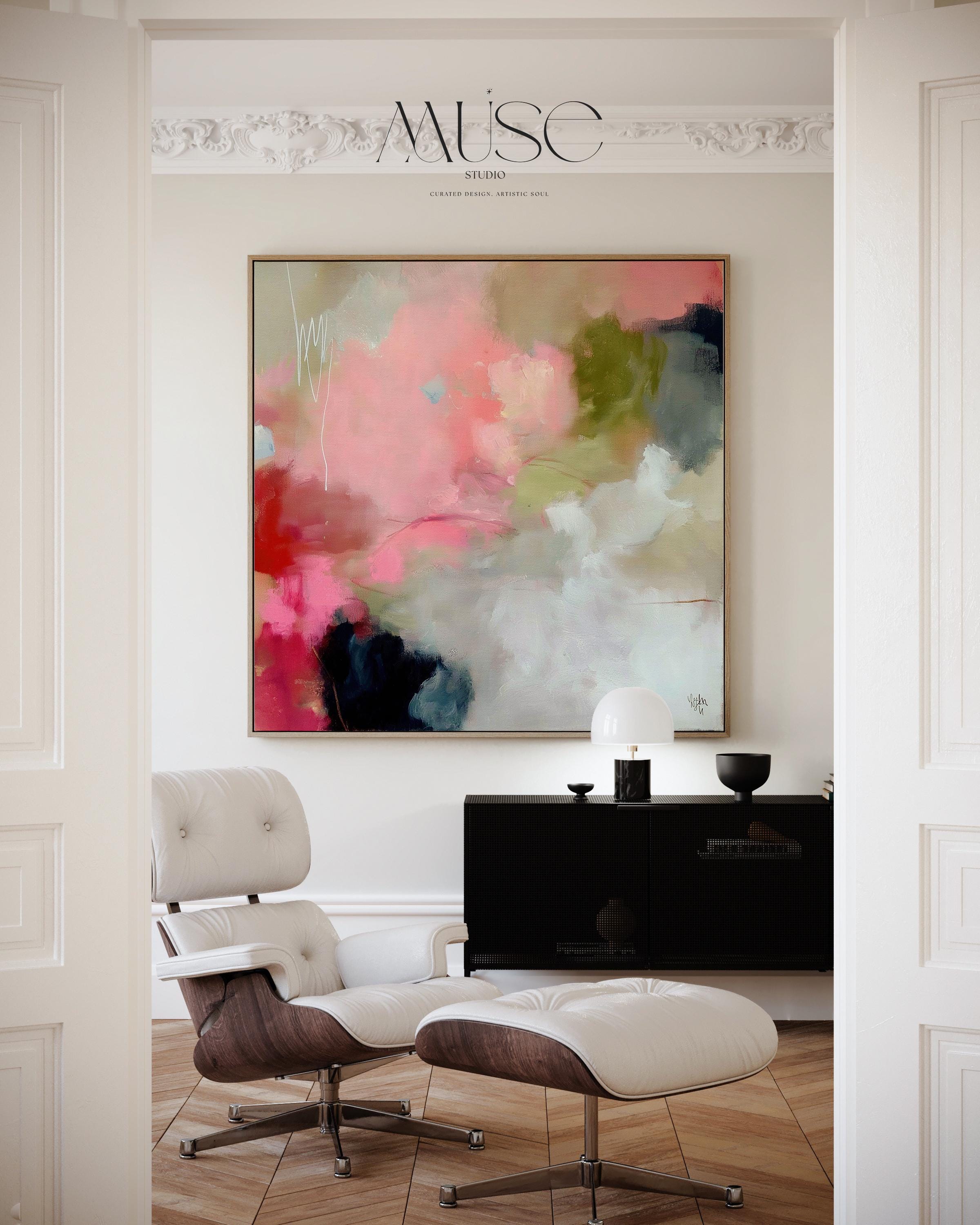 Square framed abstract wall art featuring coral pink, olive green, and soft neutral tones in a painterly composition. Ideal for Soft Contemporary interiors, this warm and expressive artwork complements dining rooms, offices, and statement walls. Floater framed in FSC-certified wood and printed on archival cotton-blend canvas for a refined, gallery-quality finish.
