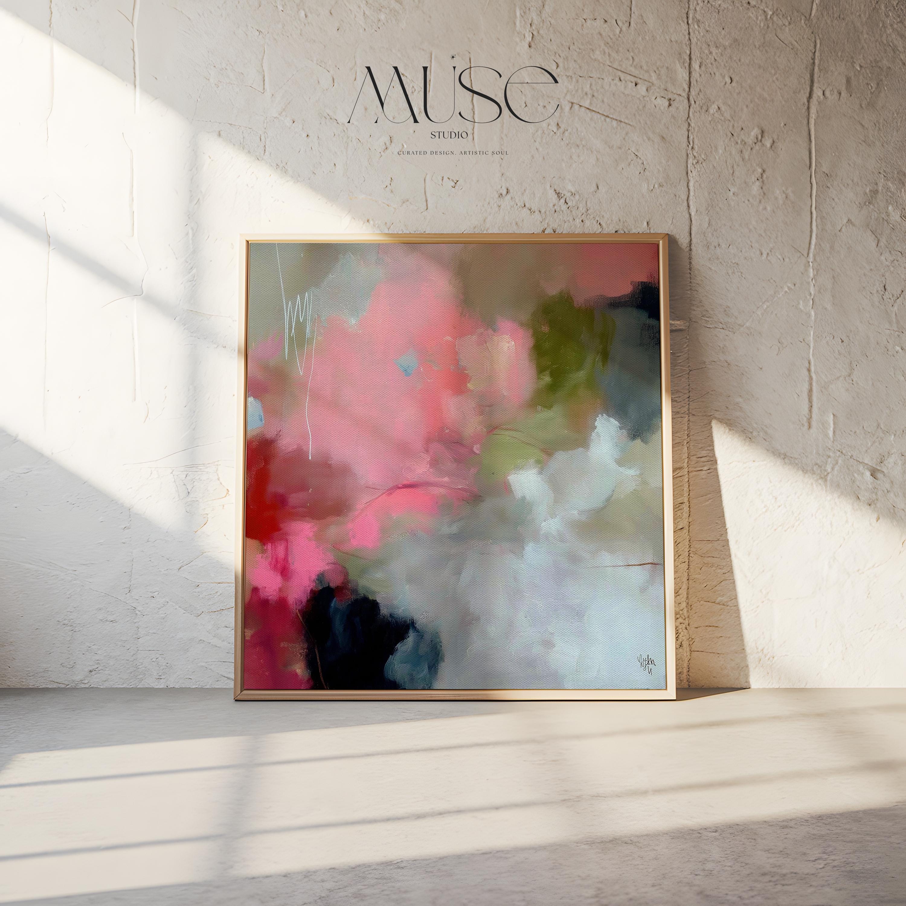 Square framed abstract wall art featuring coral pink, olive green, and soft neutral tones in a painterly composition. Ideal for Soft Contemporary interiors, this warm and expressive artwork complements dining rooms, offices, and statement walls. Floater framed in FSC-certified wood and printed on archival cotton-blend canvas for a refined, gallery-quality finish.