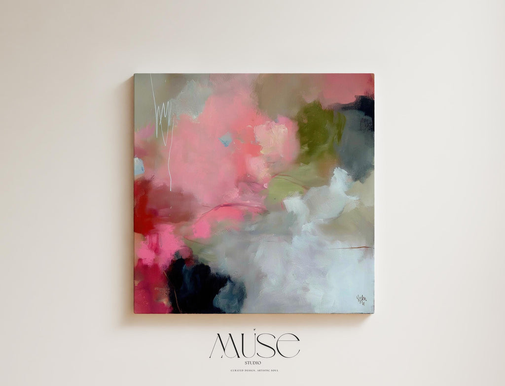 Square abstract canvas artwork featuring coral pink, moss green, and soft ivory tones blended in painterly layers. Ideal for Soft Contemporary interiors, this warm and expressive design enhances dining rooms, living spaces, or offices with its organic flow and refined color balance. Printed on archival cotton-blend canvas and hand-stretched for a gallery-quality presentation.