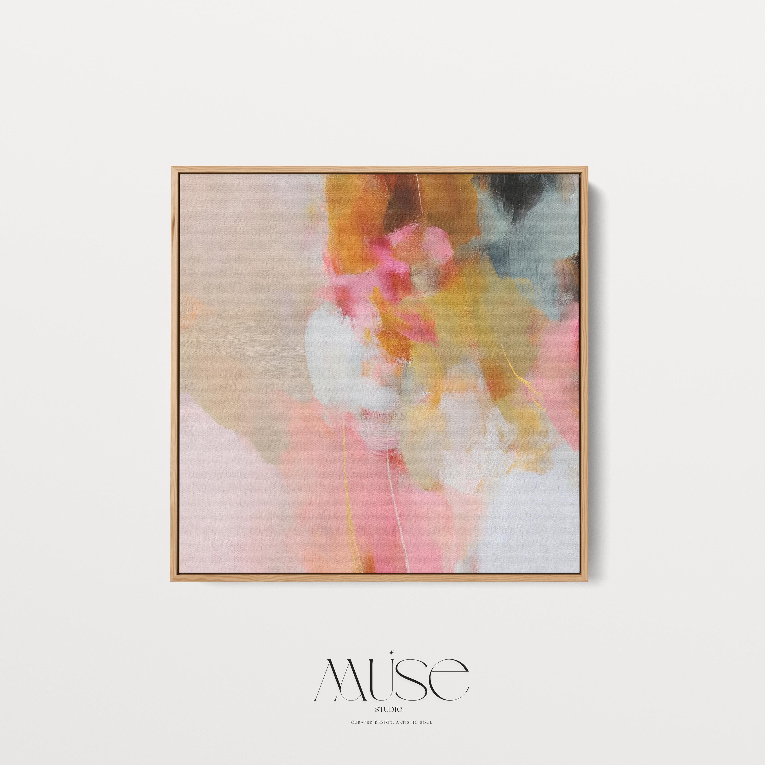 Square framed abstract wall art featuring blush pink, golden ochre, and pale blue hues in a softly layered composition. Perfect for Soft Contemporary interiors, this refined artwork complements bedrooms, living rooms, or curated studios with its warm minimalist palette and painterly texture. Floater framed in FSC-certified wood and printed on archival cotton-blend canvas for a designer-quality finish.