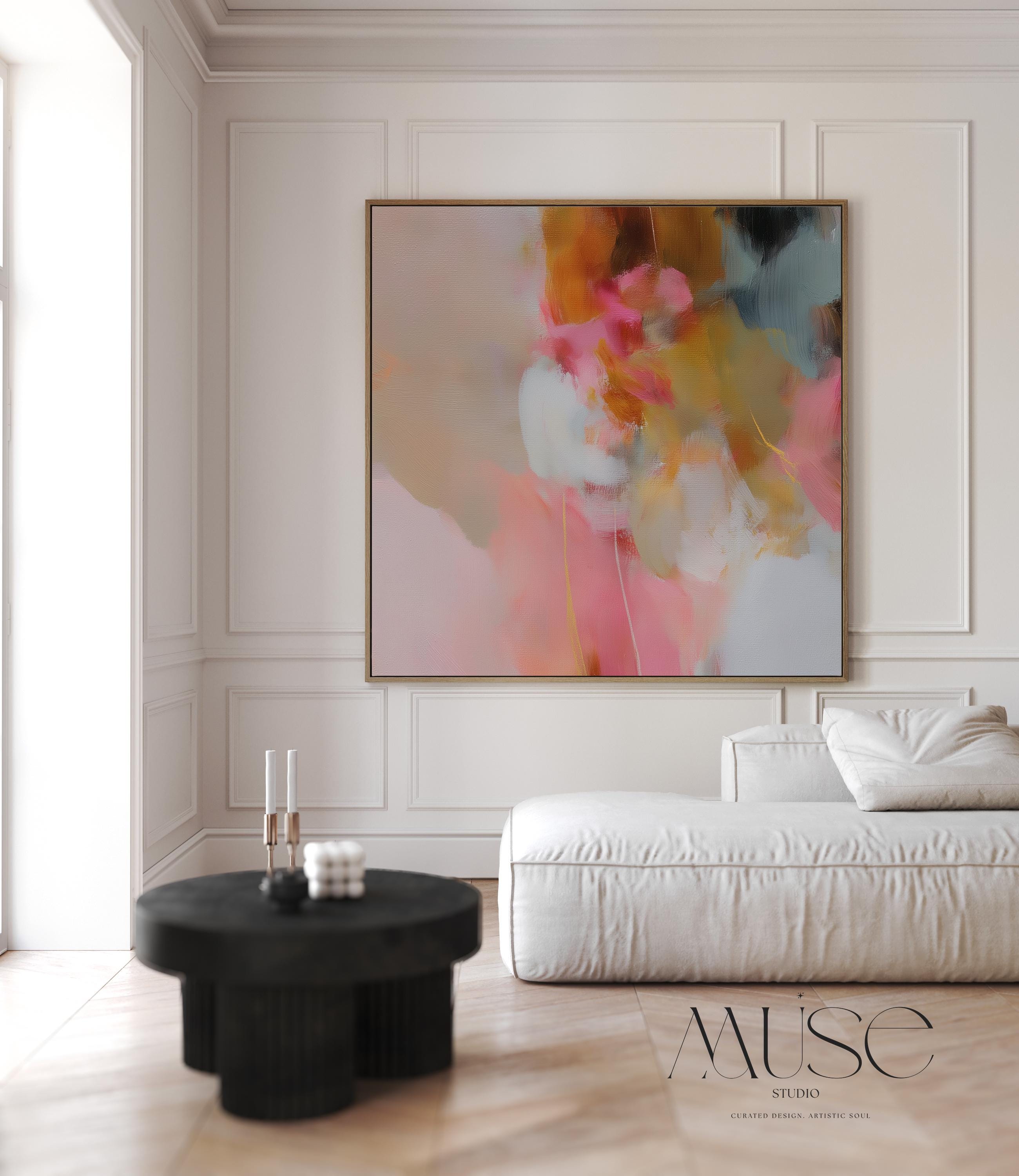 Square framed abstract wall art featuring blush pink, golden ochre, and pale blue hues in a softly layered composition. Perfect for Soft Contemporary interiors, this refined artwork complements bedrooms, living rooms, or curated studios with its warm minimalist palette and painterly texture. Floater framed in FSC-certified wood and printed on archival cotton-blend canvas for a designer-quality finish.