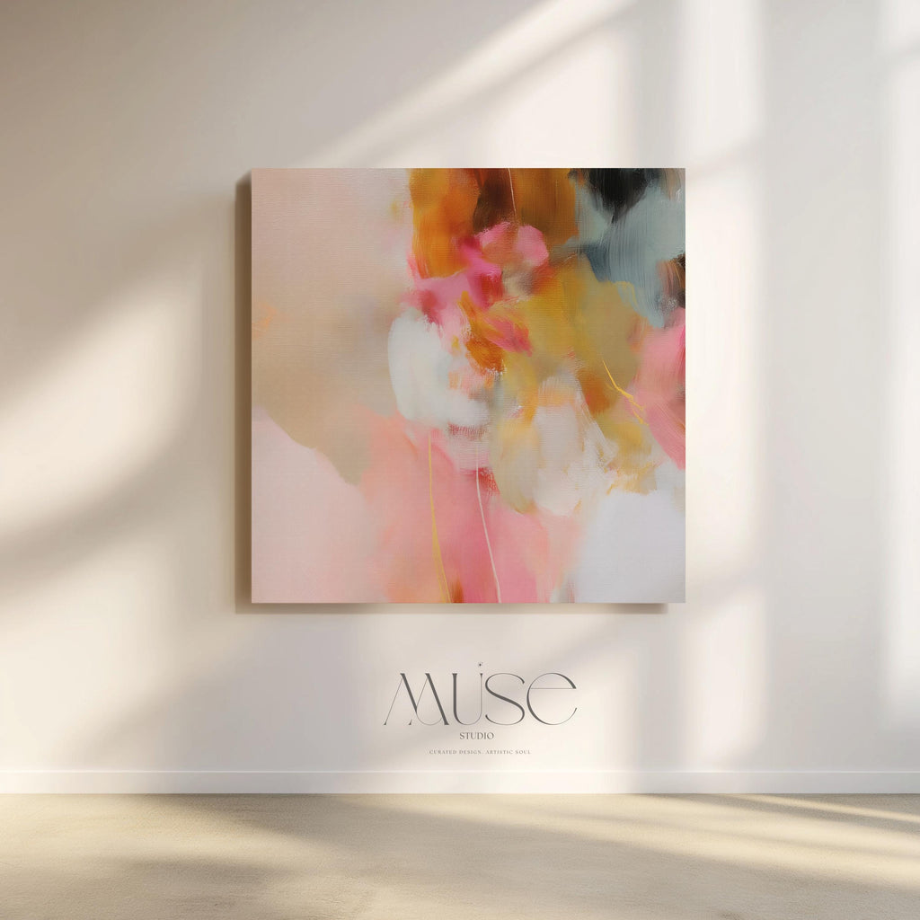 Square abstract canvas artwork featuring blush pink, golden ochre, and soft neutral tones in a painterly composition. Designed for Soft Contemporary interiors, this refined piece adds warmth and movement to bedrooms, living rooms, or designer-curated spaces. Printed on archival cotton-blend canvas and hand-stretched for a gallery-quality finish with timeless appeal.