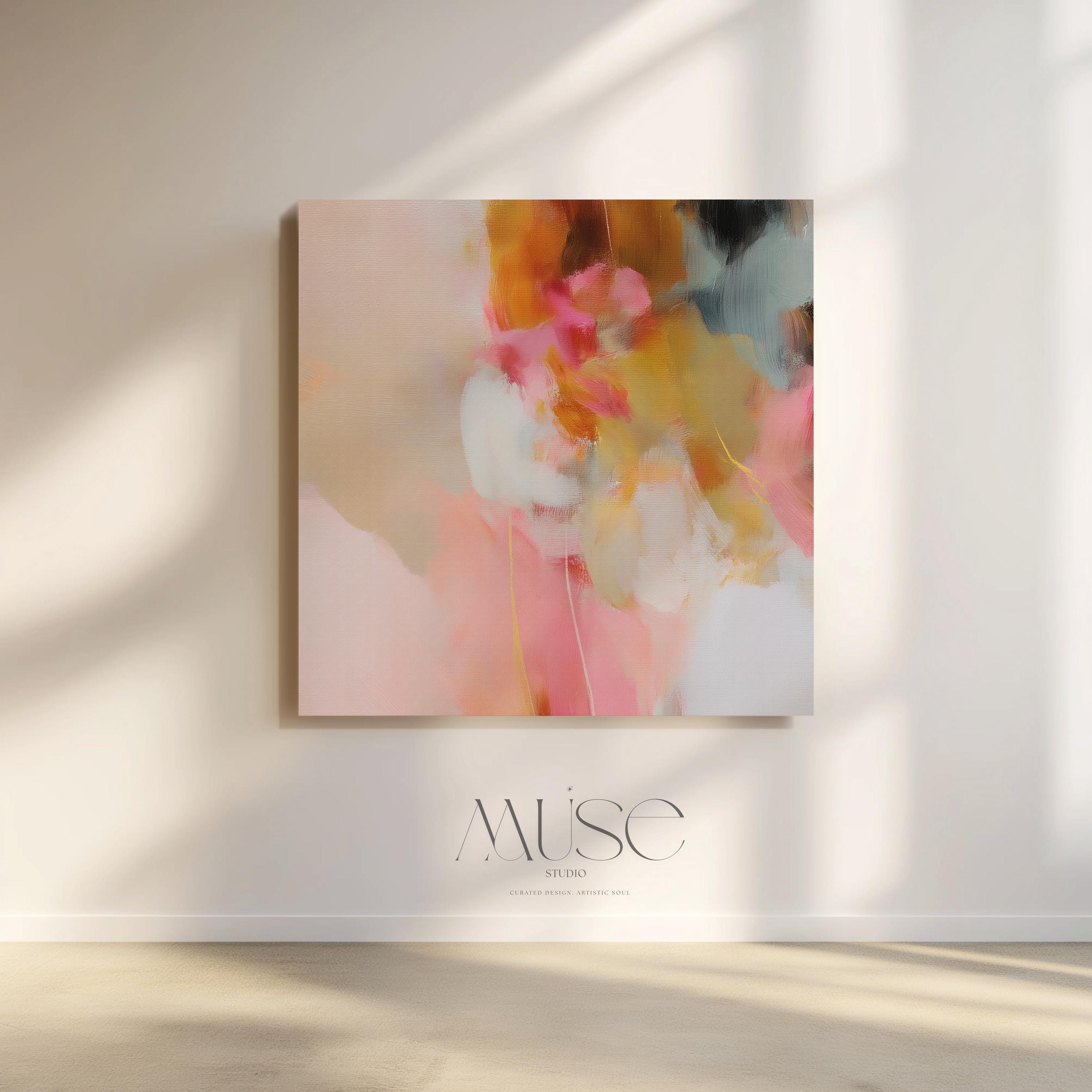 Square abstract canvas artwork featuring blush pink, golden ochre, and soft neutral tones in a painterly composition. Designed for Soft Contemporary interiors, this refined piece adds warmth and movement to bedrooms, living rooms, or designer-curated spaces. Printed on archival cotton-blend canvas and hand-stretched for a gallery-quality finish with timeless appeal.