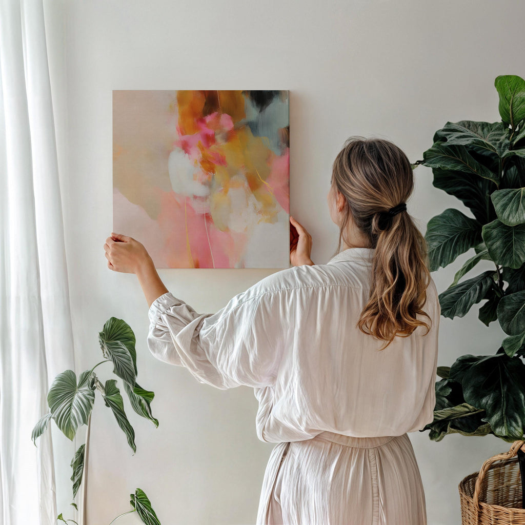 Square abstract canvas artwork featuring blush pink, golden ochre, and soft neutral tones in a painterly composition. Designed for Soft Contemporary interiors, this refined piece adds warmth and movement to bedrooms, living rooms, or designer-curated spaces. Printed on archival cotton-blend canvas and hand-stretched for a gallery-quality finish with timeless appeal.
