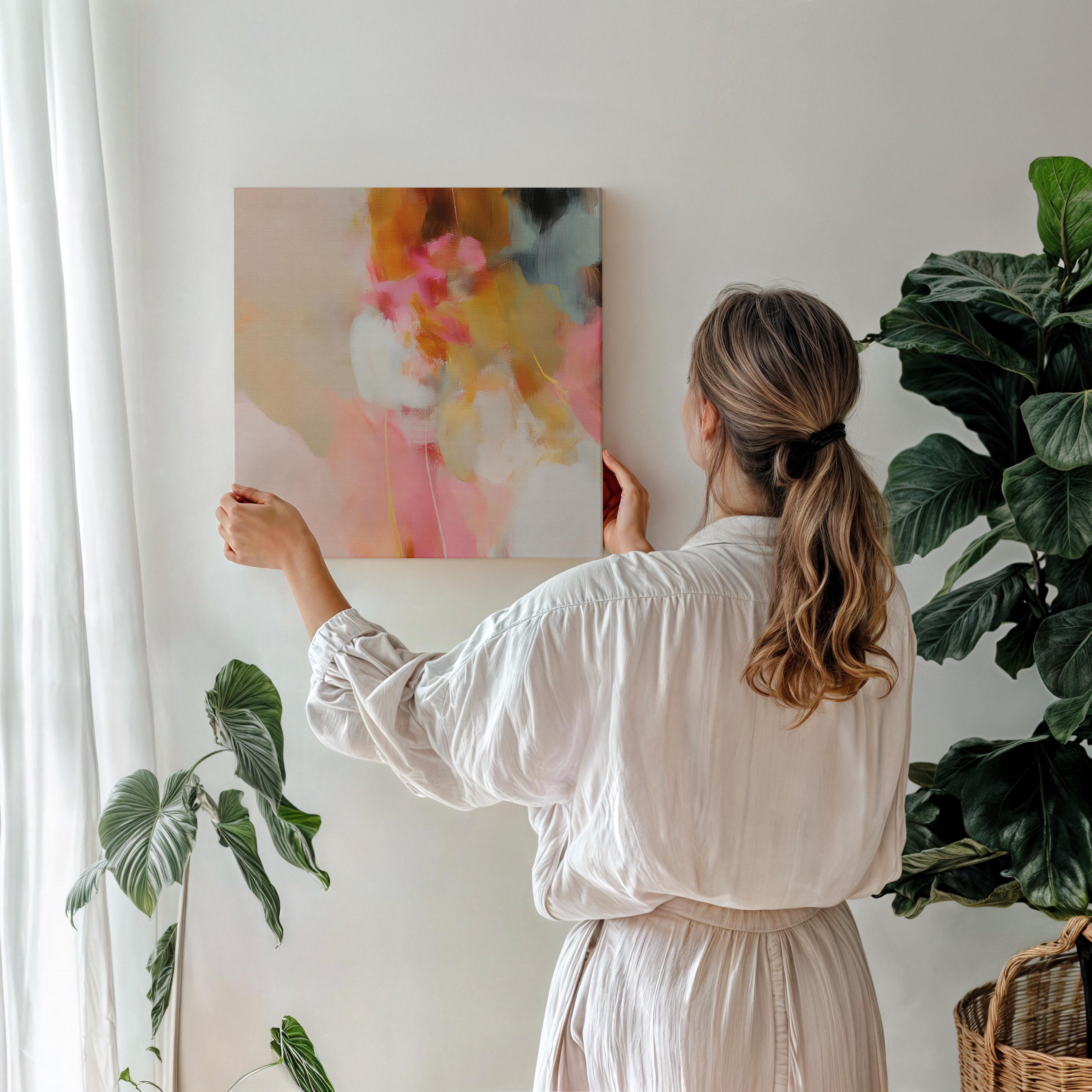 Square abstract canvas artwork featuring blush pink, golden ochre, and soft neutral tones in a painterly composition. Designed for Soft Contemporary interiors, this refined piece adds warmth and movement to bedrooms, living rooms, or designer-curated spaces. Printed on archival cotton-blend canvas and hand-stretched for a gallery-quality finish with timeless appeal.