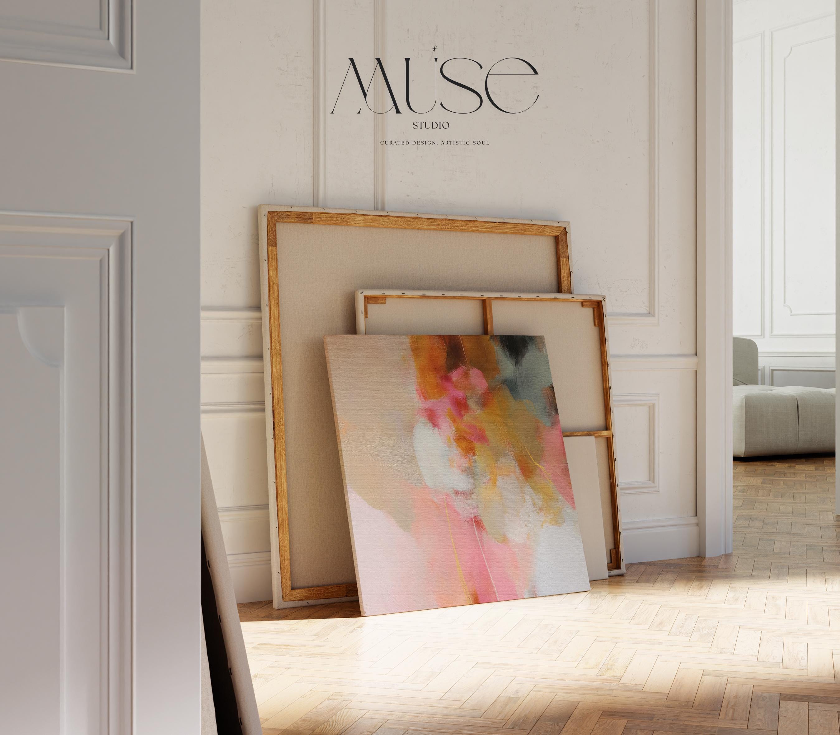 Square abstract canvas artwork featuring blush pink, golden ochre, and soft neutral tones in a painterly composition. Designed for Soft Contemporary interiors, this refined piece adds warmth and movement to bedrooms, living rooms, or designer-curated spaces. Printed on archival cotton-blend canvas and hand-stretched for a gallery-quality finish with timeless appeal.