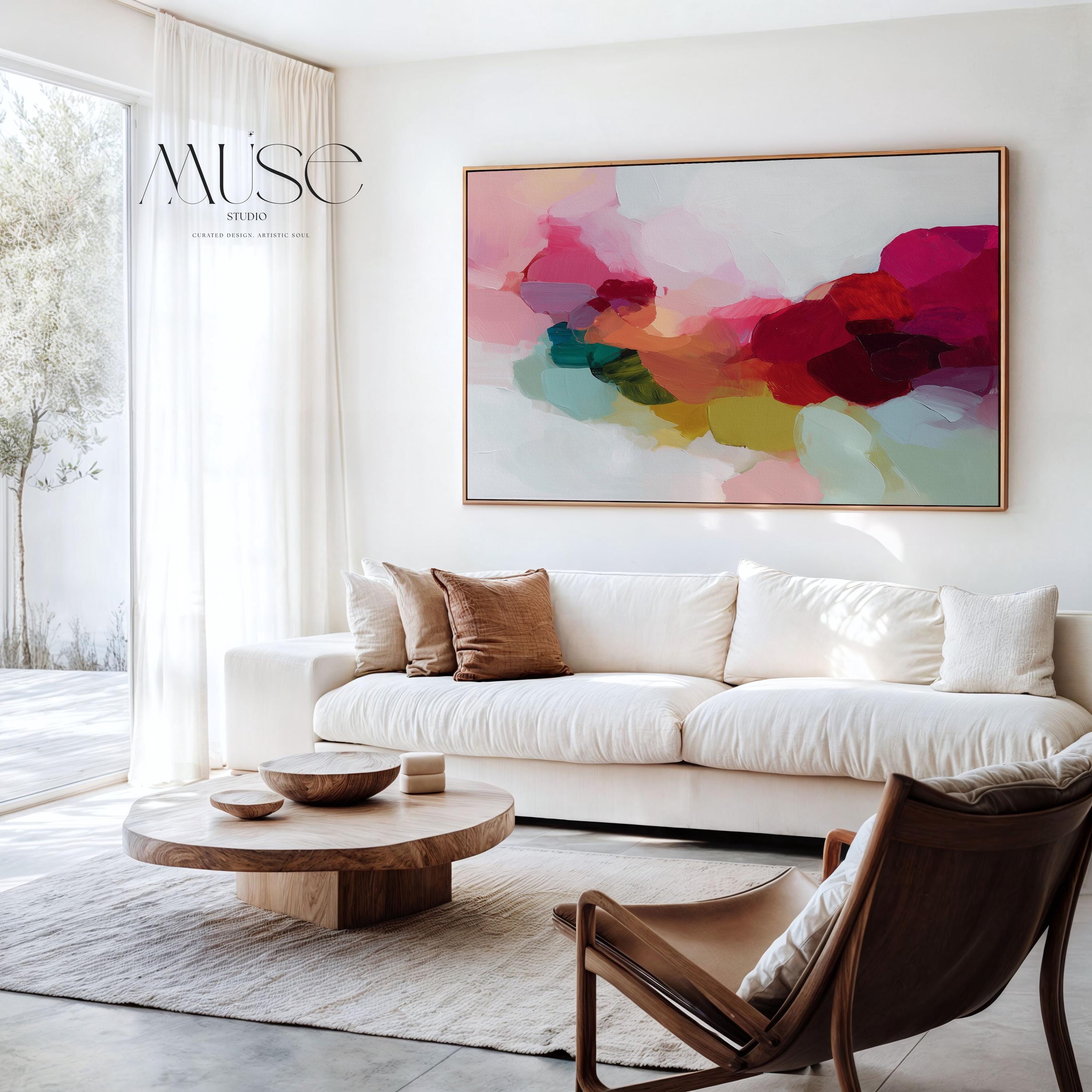 Horizontal framed abstract wall art featuring bold red, green, and blush pink tones in a softly layered composition. Perfect for Color Pop interiors, this expressive artwork brings warmth and personality to living rooms, dining rooms, or curated spaces. Floater framed in FSC-certified wood and printed on archival cotton-blend canvas for a refined, gallery-quality presentation.