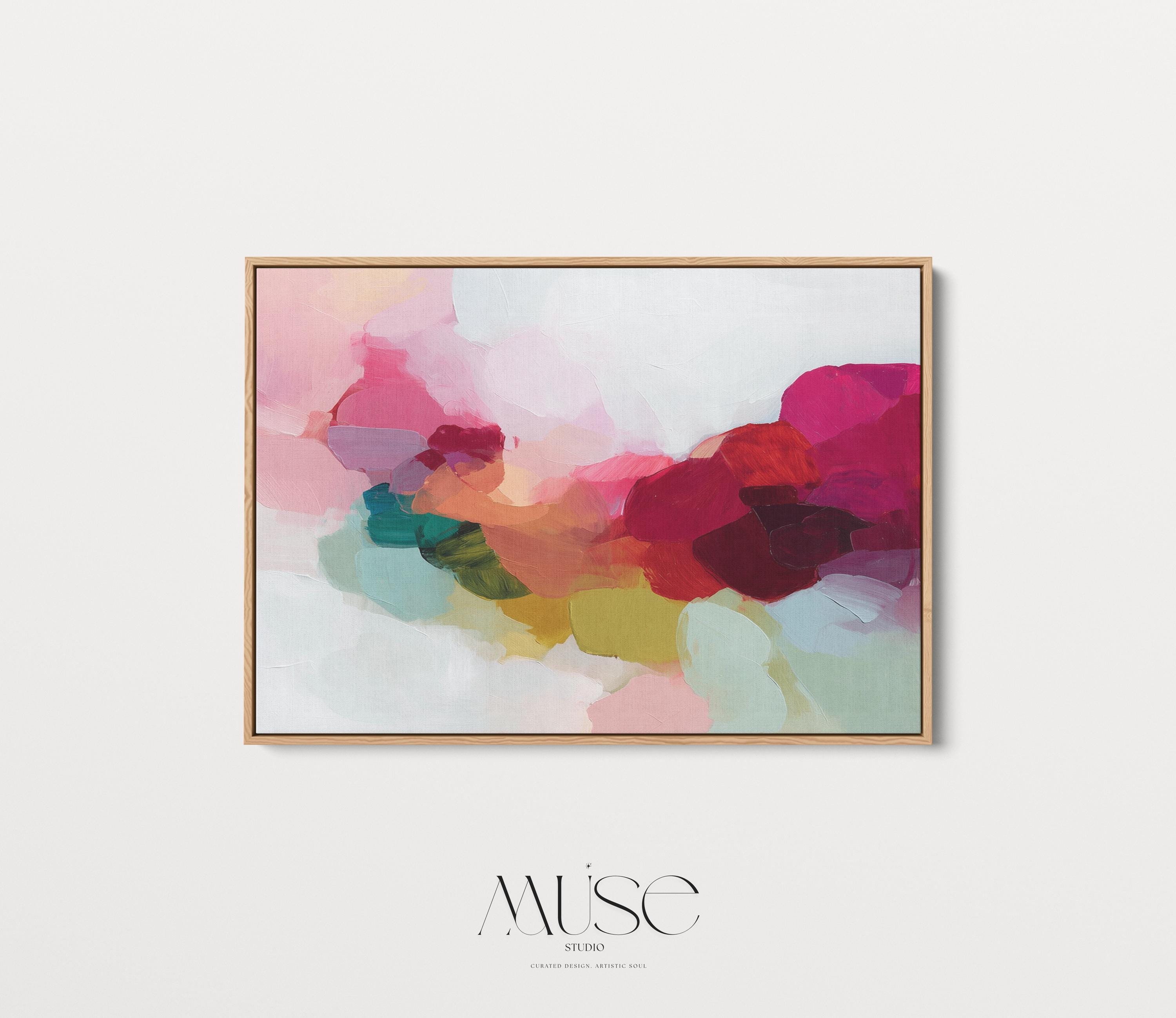 Horizontal framed abstract wall art featuring bold red, green, and blush pink tones in a softly layered composition. Perfect for Color Pop interiors, this expressive artwork brings warmth and personality to living rooms, dining rooms, or curated spaces. Floater framed in FSC-certified wood and printed on archival cotton-blend canvas for a refined, gallery-quality presentation.