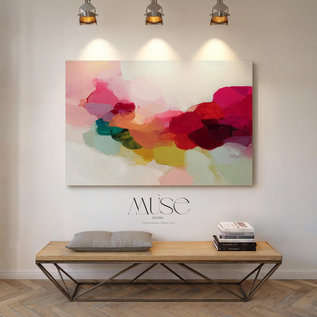 Horizontal abstract canvas artwork featuring vivid red, green, and blush hues in a softly blended painterly composition. Designed for Color Pop interiors, this artwork adds warmth and visual energy to living rooms, dining spaces, or contemporary homes. Printed on archival cotton-blend canvas and hand-stretched for a gallery-quality finish with timeless appeal.