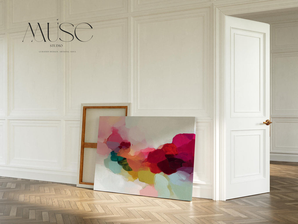 Horizontal abstract canvas artwork featuring vivid red, green, and blush hues in a softly blended painterly composition. Designed for Color Pop interiors, this artwork adds warmth and visual energy to living rooms, dining spaces, or contemporary homes. Printed on archival cotton-blend canvas and hand-stretched for a gallery-quality finish with timeless appeal.
