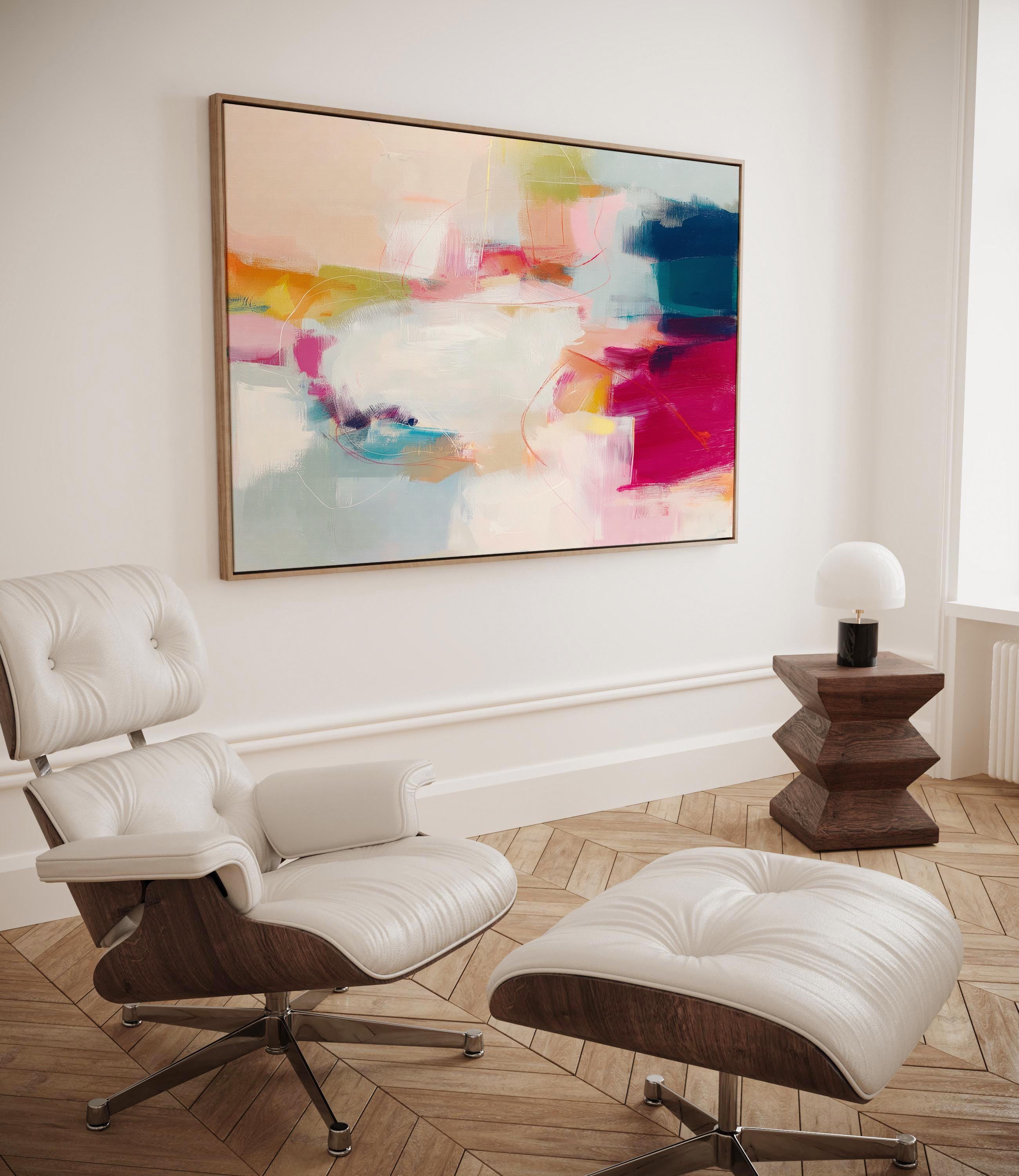 Horizontal framed abstract wall art featuring pink, blue, and golden hues in a softly blended composition. Ideal for Soft Contemporary interiors, this elegant piece brings warmth and sophistication to living rooms, offices, or designer-curated spaces. Floater framed in FSC-certified wood and printed on archival cotton-blend canvas for a premium gallery-quality finish.