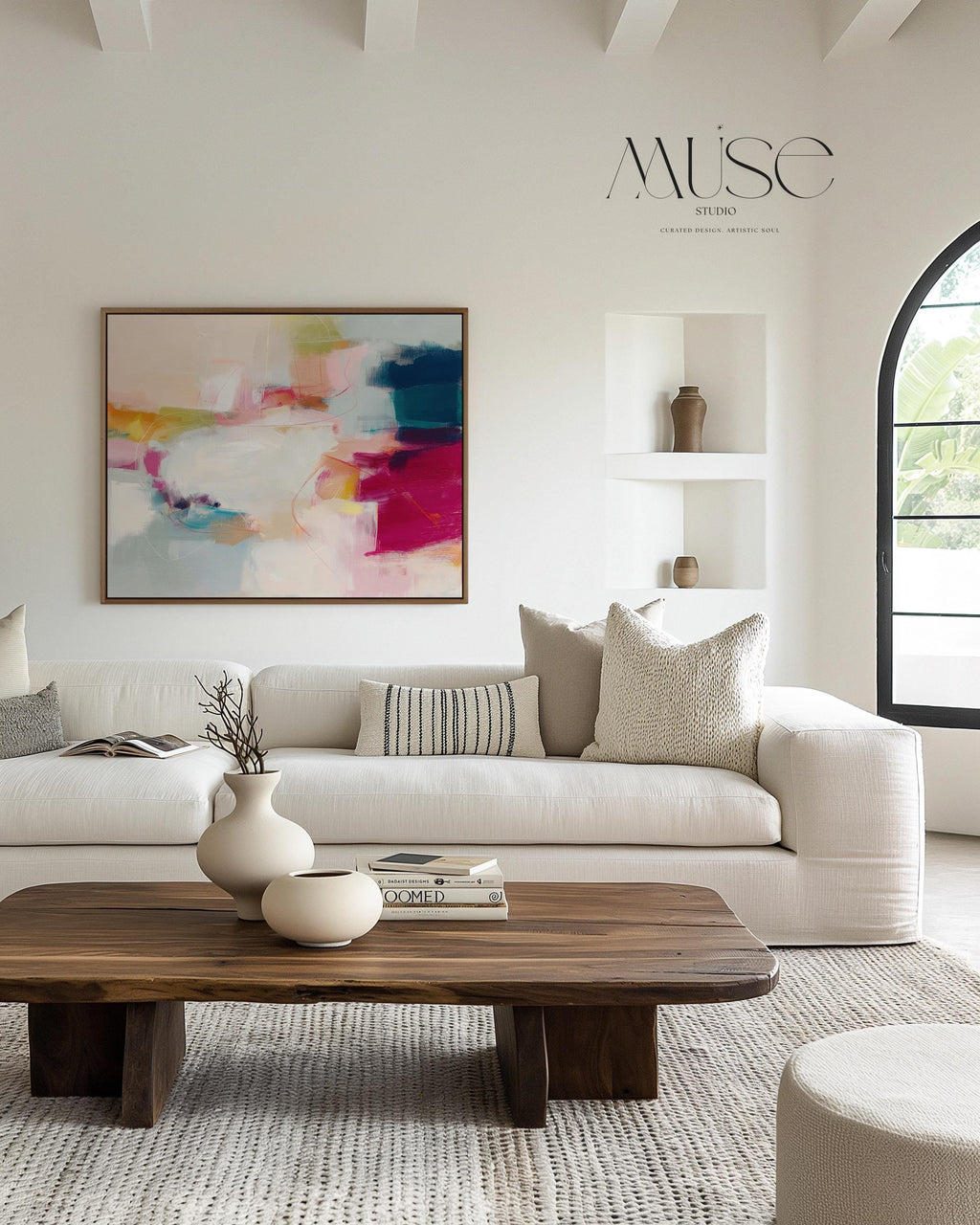 Horizontal framed abstract wall art featuring pink, blue, and golden hues in a softly blended composition. Ideal for Soft Contemporary interiors, this elegant piece brings warmth and sophistication to living rooms, offices, or designer-curated spaces. Floater framed in FSC-certified wood and printed on archival cotton-blend canvas for a premium gallery-quality finish.