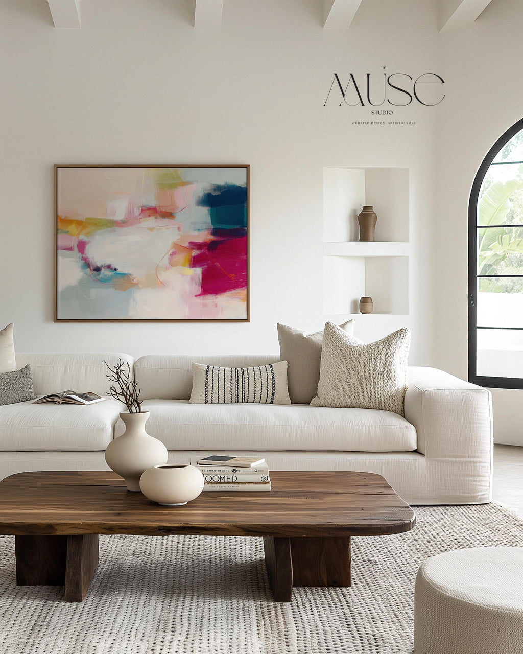 Horizontal framed abstract wall art featuring pink, blue, and golden hues in a softly blended composition. Ideal for Soft Contemporary interiors, this elegant piece brings warmth and sophistication to living rooms, offices, or designer-curated spaces. Floater framed in FSC-certified wood and printed on archival cotton-blend canvas for a premium gallery-quality finish.