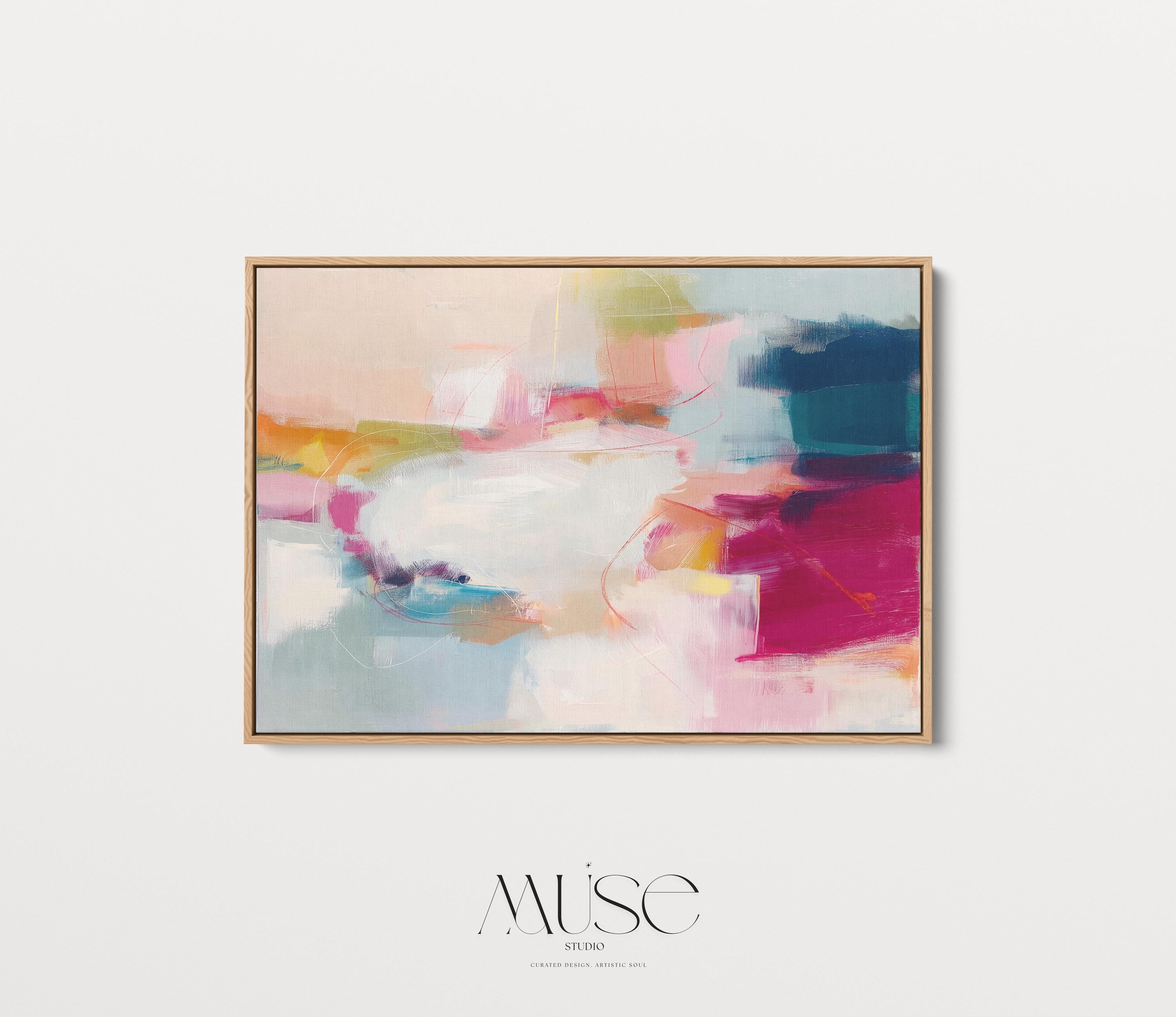Horizontal framed abstract wall art featuring pink, blue, and golden hues in a softly blended composition. Ideal for Soft Contemporary interiors, this elegant piece brings warmth and sophistication to living rooms, offices, or designer-curated spaces. Floater framed in FSC-certified wood and printed on archival cotton-blend canvas for a premium gallery-quality finish.